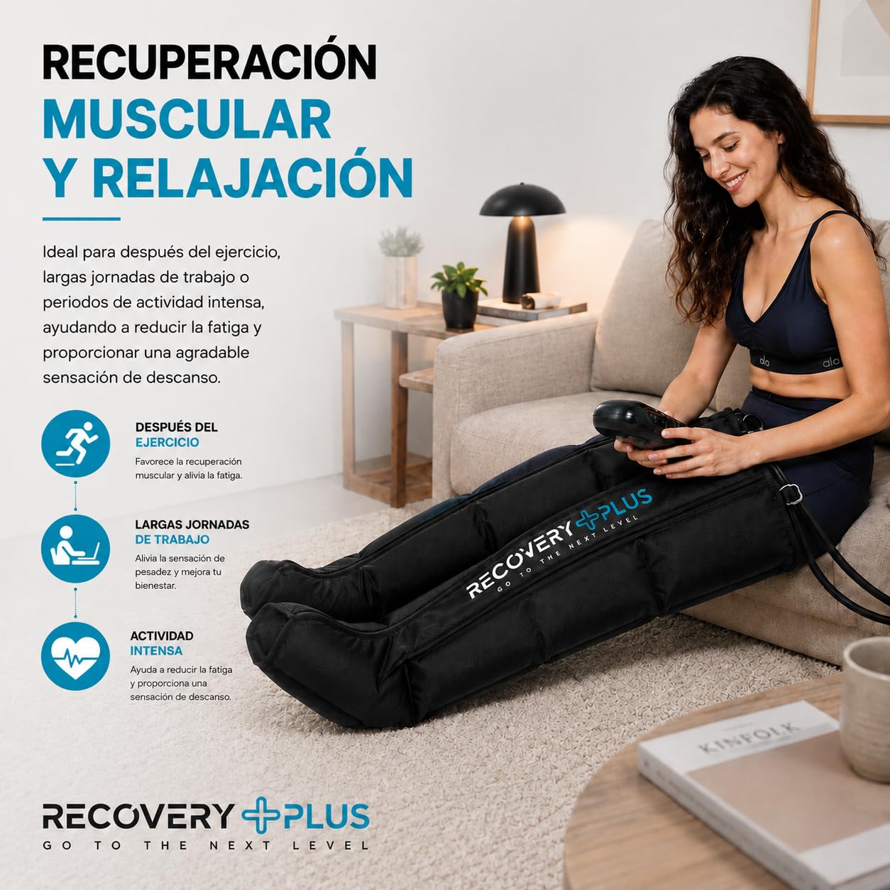 RECOVERY PLUS - botas de compresión de aire para piernas, presoterapia para casa, masajeador para drenaje linfático y circulación, recuperación muscular, nivel profesional (Talla L)