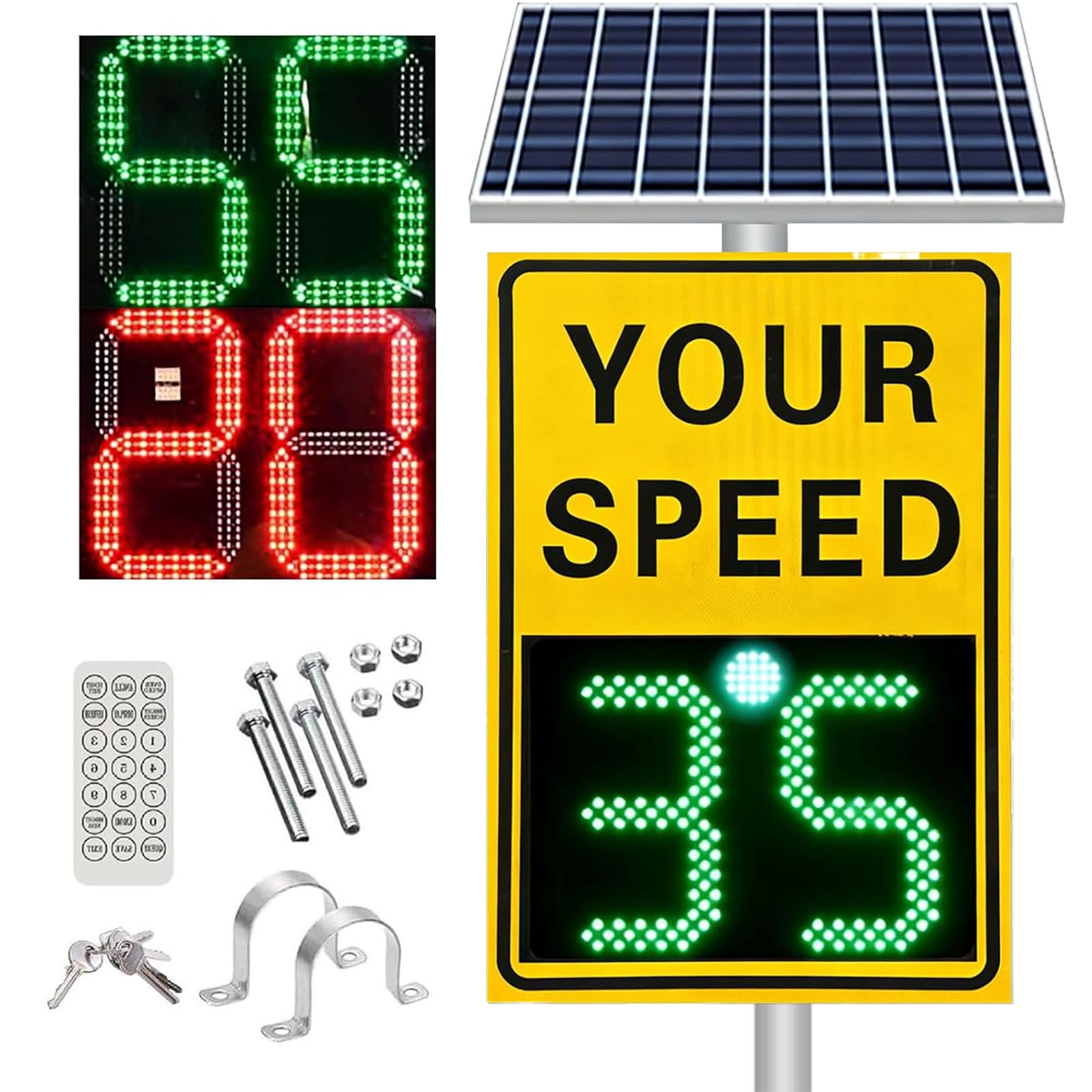 Señal de velocidad de radar alimentada por energía solar, detector digital de radar de tráfico con control remoto, señales de velocidad LED de aluminio IP65 para gestión del tráfico, 60*90CM Yellow