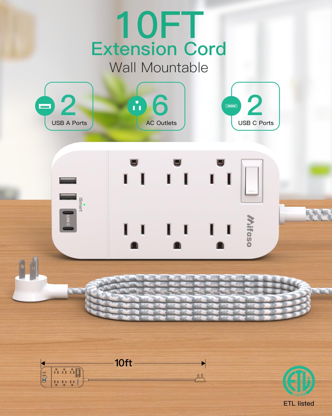 Power Strip - 10 FT Long Flat Plug Extension Cord, 6 Outlets 2 USB A 2 USB C Ports Outlet Extender with Overload Protection, Wall Mount, Desktop Charging Station for Home, Office and Dorm Essential