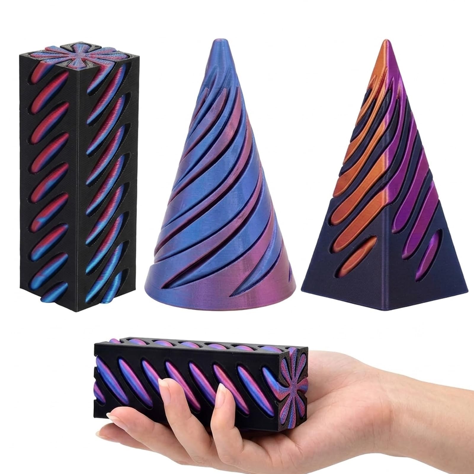 3 Pcs 3D Printed Fidget Toy, Fidget Toy with Dimensions 6.6cm to 7.5cm, Spiral Sensory Toy Set with Three Geometric Shapes, 3D Printed Toys for Stress Relief and Focus Enhancement