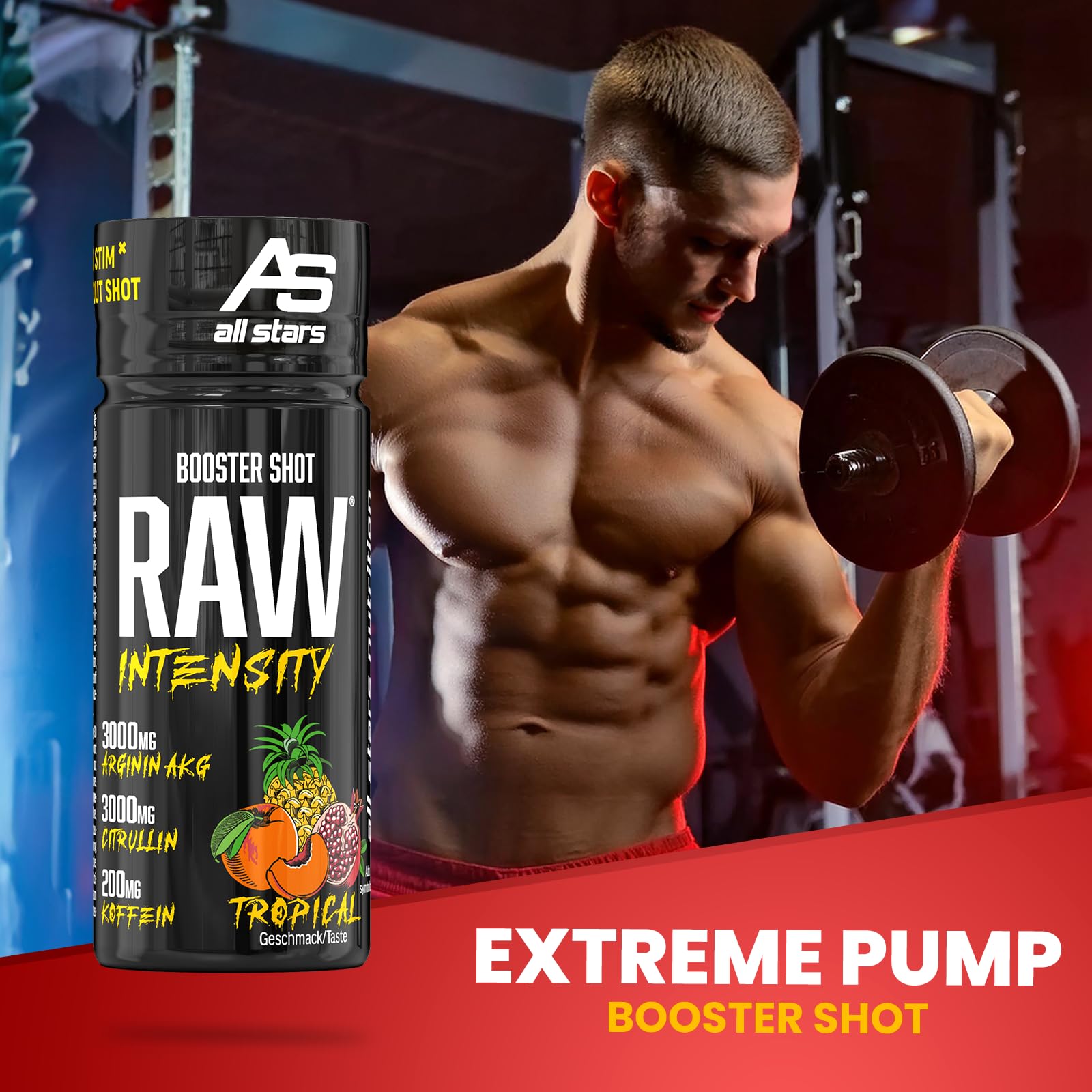ALL STARS RAW Intensity Pre-Workout Booster Shot 16 x 60ml Tropical | Trainings-Drink mit 200mg Koffein & wertvollen Aminosäuren, enthält 14.600mg BCAAs, fett- und zuckerarm
