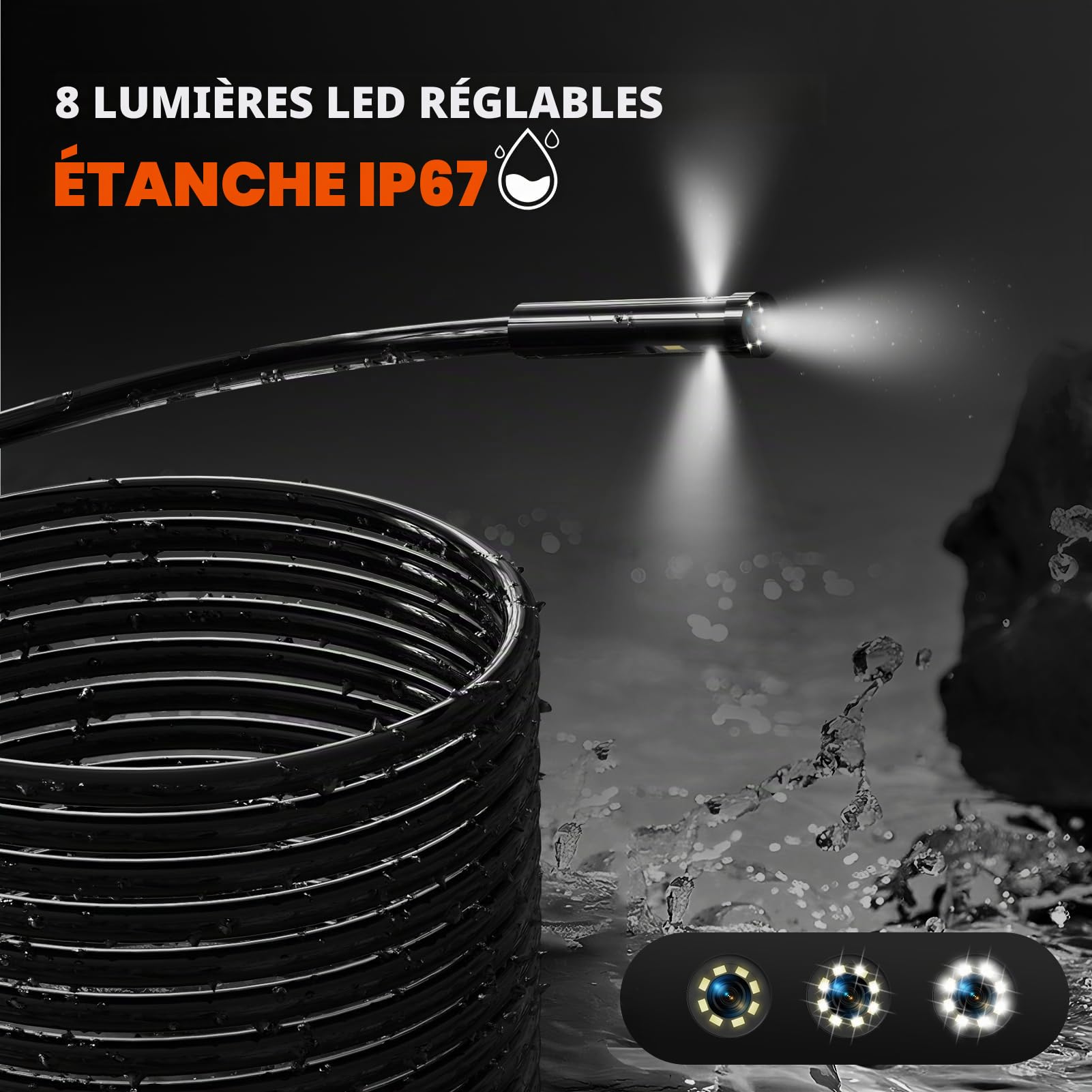 15m Caméra Endoscopique Triple Objectif, Endoscope d'Inspection Serpent 8 mm LCD 5 Pouces avec 10 LED Réglables, Caméra Etanche IP67, 1080P Endoscope Industriel pour Automobile, Câble