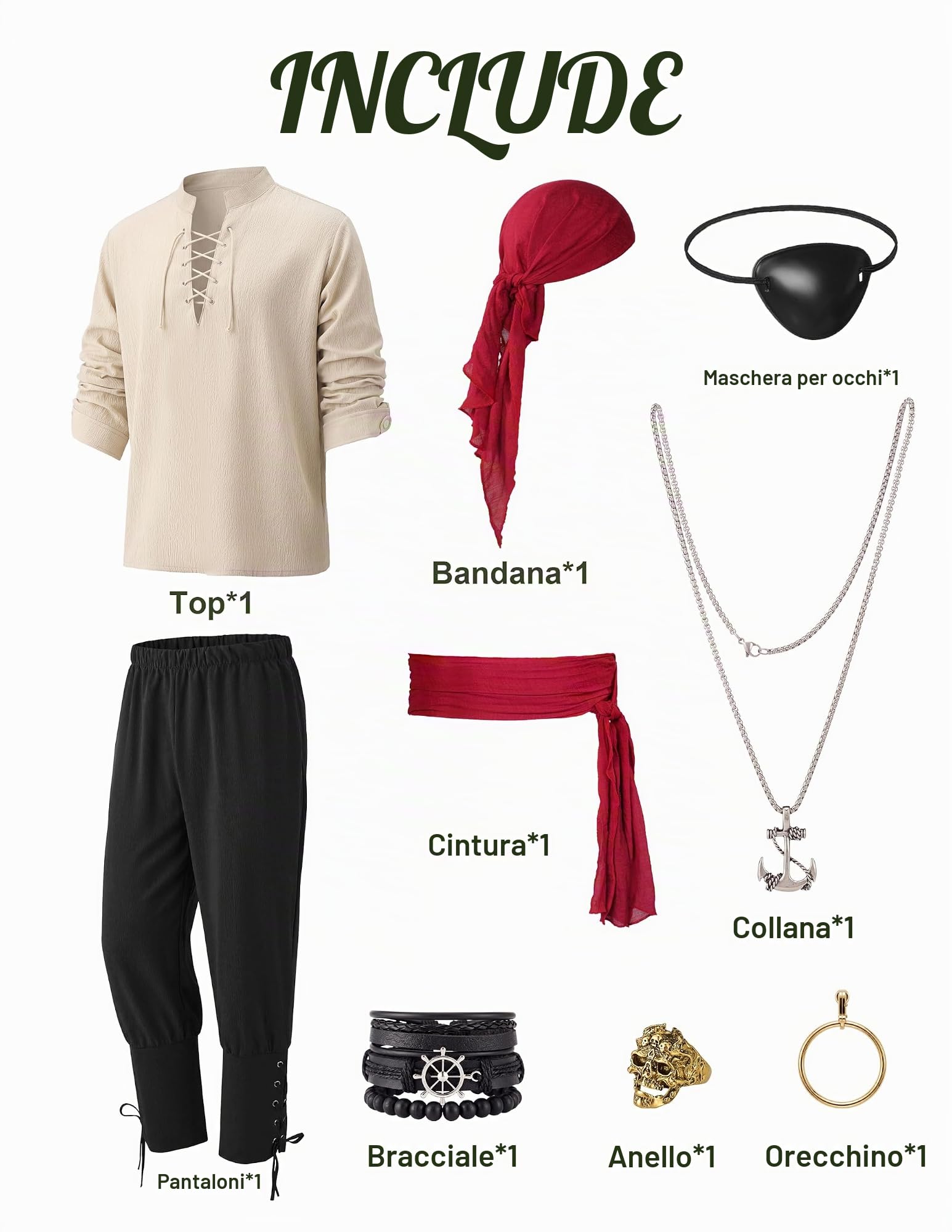 Spooktacular CreationsCostume da pirata da uomo beige e nero, composto da 6 pezzi, con camicia vichinga, pantaloni con fasce, benda sull'occhio, bandana, cintura e orecchini per Halloween.
