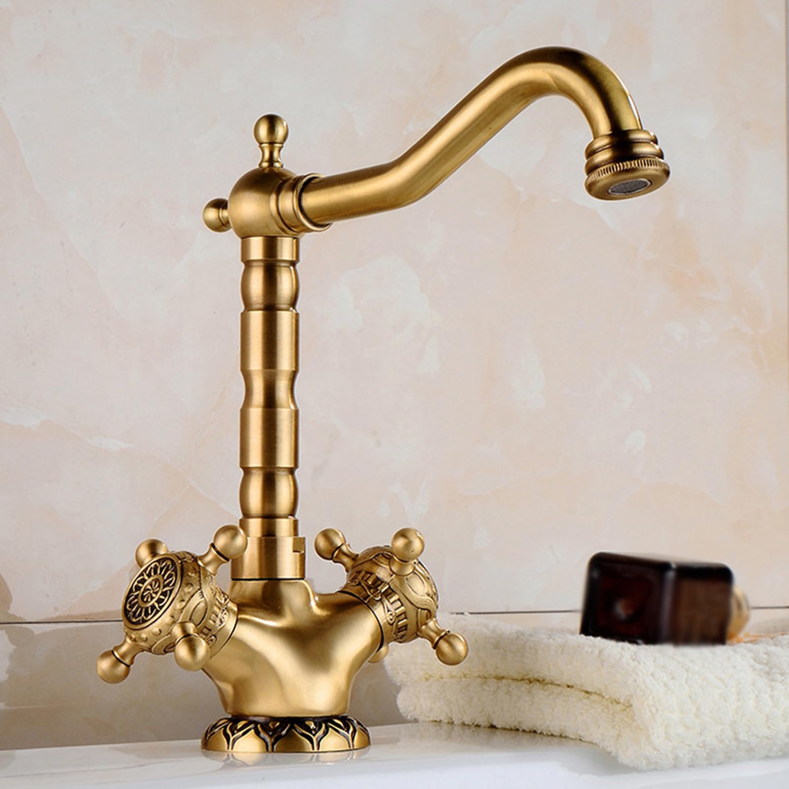 BiaoTeng Grifo de Baño Doble Mando Cruzada Frio y Caliente, de Latón 1 Orificio Vintage Grifo de Lavabo Retro Grifo Baño Antiguo