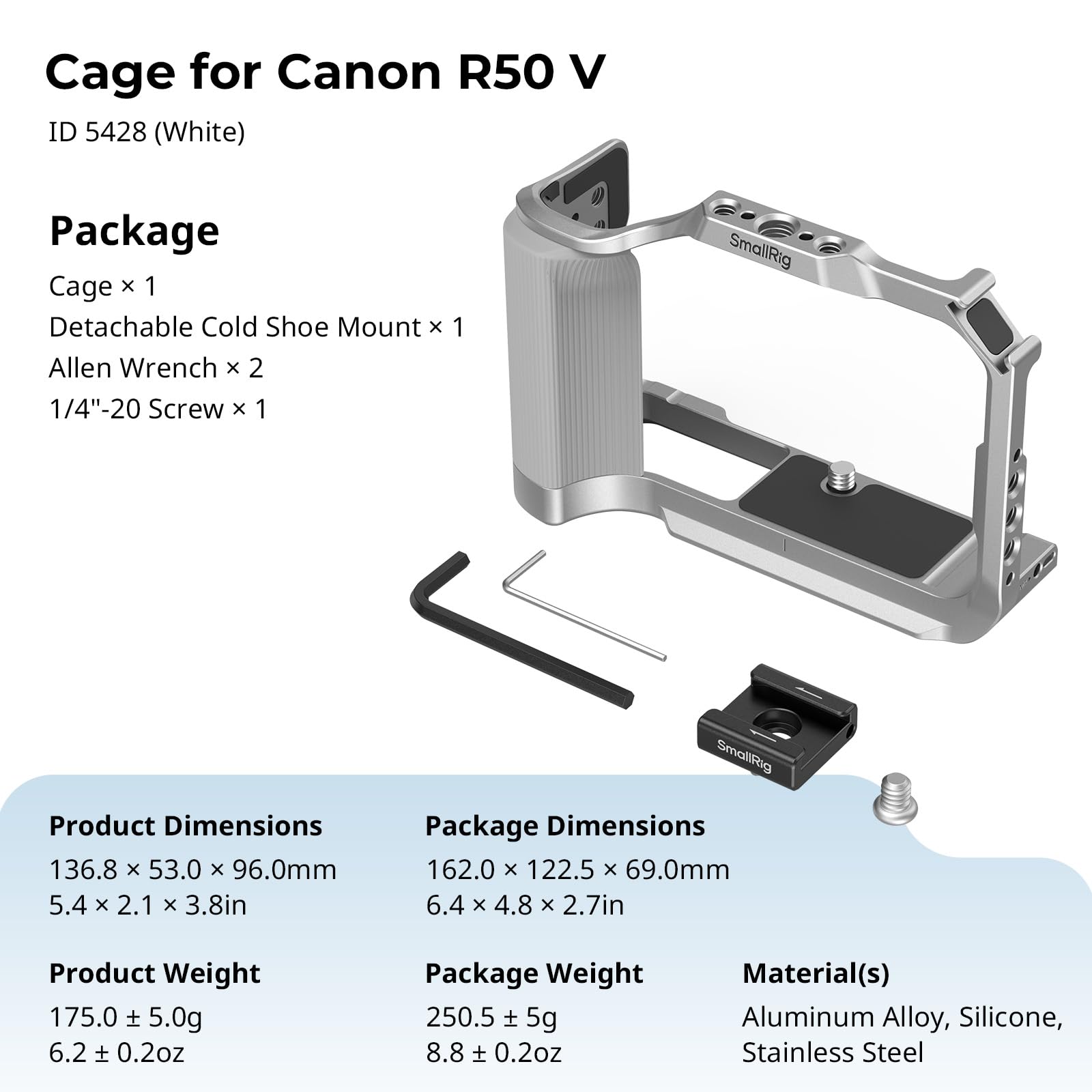 SMALLRIG R50 V Cage pour Appareil Photo pour Canon R50V, Poignée Ergonomique Intégrée, Plaque QR pour Arca, Trou Fileté 1/4"-20, Trous 3/8"-16 pour ARRI, Prise de Vue Verticale (Argent) - 5428