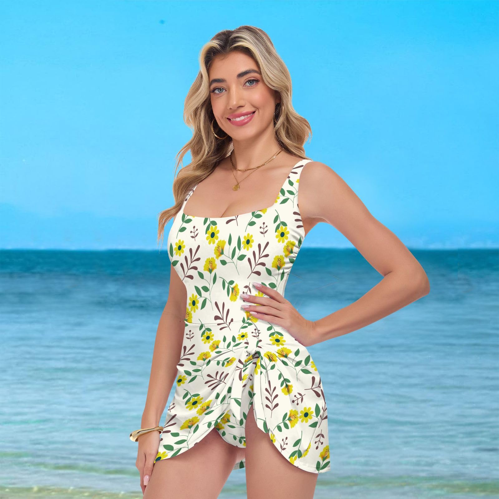 Costume da bagno intero da donna Costume da bagno da donna Costumi da bagno da donna Controllo della pancia Costumi da bagno Collo quadrato Piante tropicali Foglie