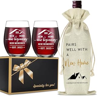 House Warming Gifts New Home, Housewarming gifts for New House, New Home Gifts for Home, Housewarming gift Stemless Wine Glass & Bottle Gift Bag Set for Newlywed Couple, Friends (2 Glasses, 1 Bag)