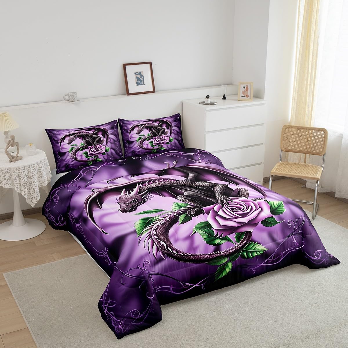 Purple Dragon Bedding Set King Size,3D Rose Flowers Comforter Set 3Pcs,Romantic Wild Animal Plants Quilt Set for Kids Girls Boys Teens Room Decor,Gothic Boho Style Duvet Insert,2 Pillowcases