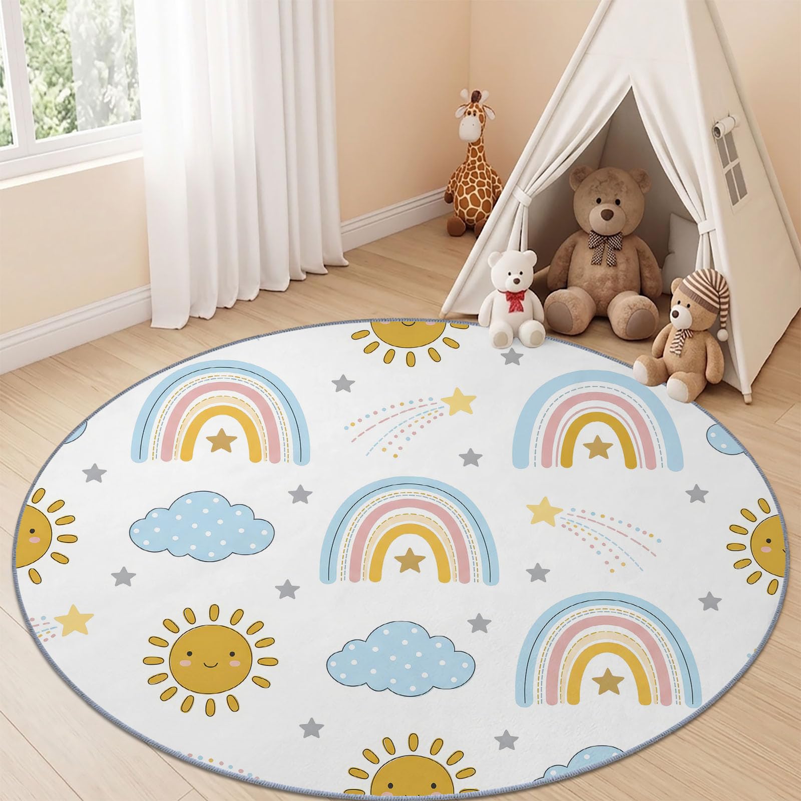 Alfombra redonda de 200 cm, lavable, para habitación de bebé, antideslizante, diseño de estrellas arcoíris, suave, de pelo bajo, con dibujos animados, estrella fugaz, para decoración del hogar, color