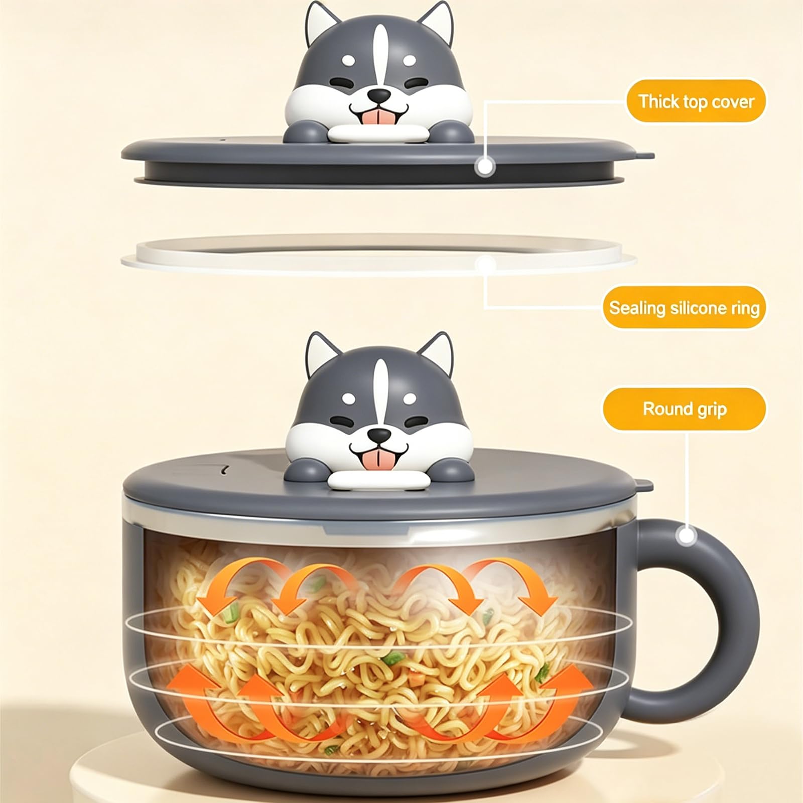 Cuenco de ramen instantáneo de 1200 ml con tapa y cuchara, cuenco de pasta instantánea con asas, horno ramen portátil para microondas, bento, almuerzo, sopa, pasta (ronco)