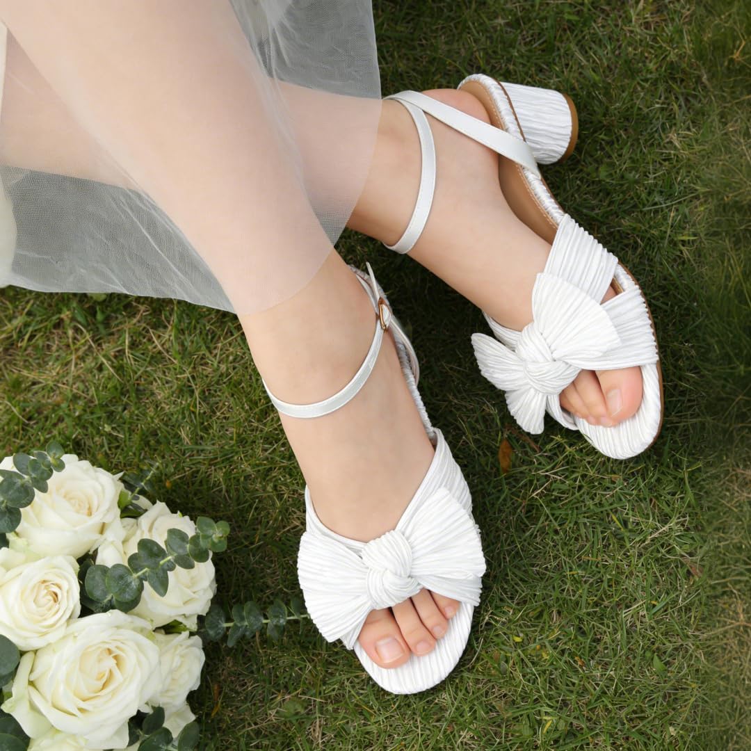 Zzheels Women's Bow Knot Heeled Sandals Open Toe High Block Ankle Strap Chunky Heels Bride Wedding Shoes - Image 6