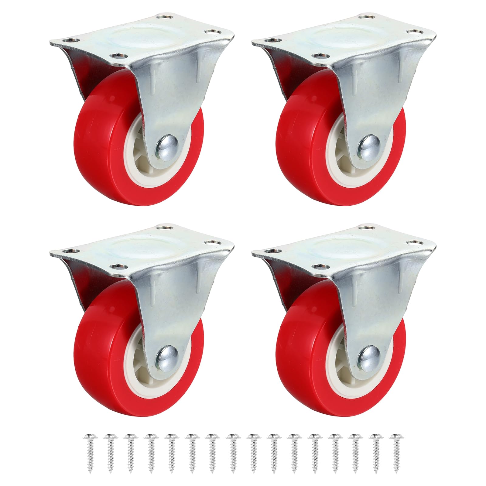 Defanex 4pcs Rigid Caster Wheels (2.5 Inch) - PVC Non-Swivel Top Plates Castors for Furniture Drawers Storage Bins DIY Project, Red