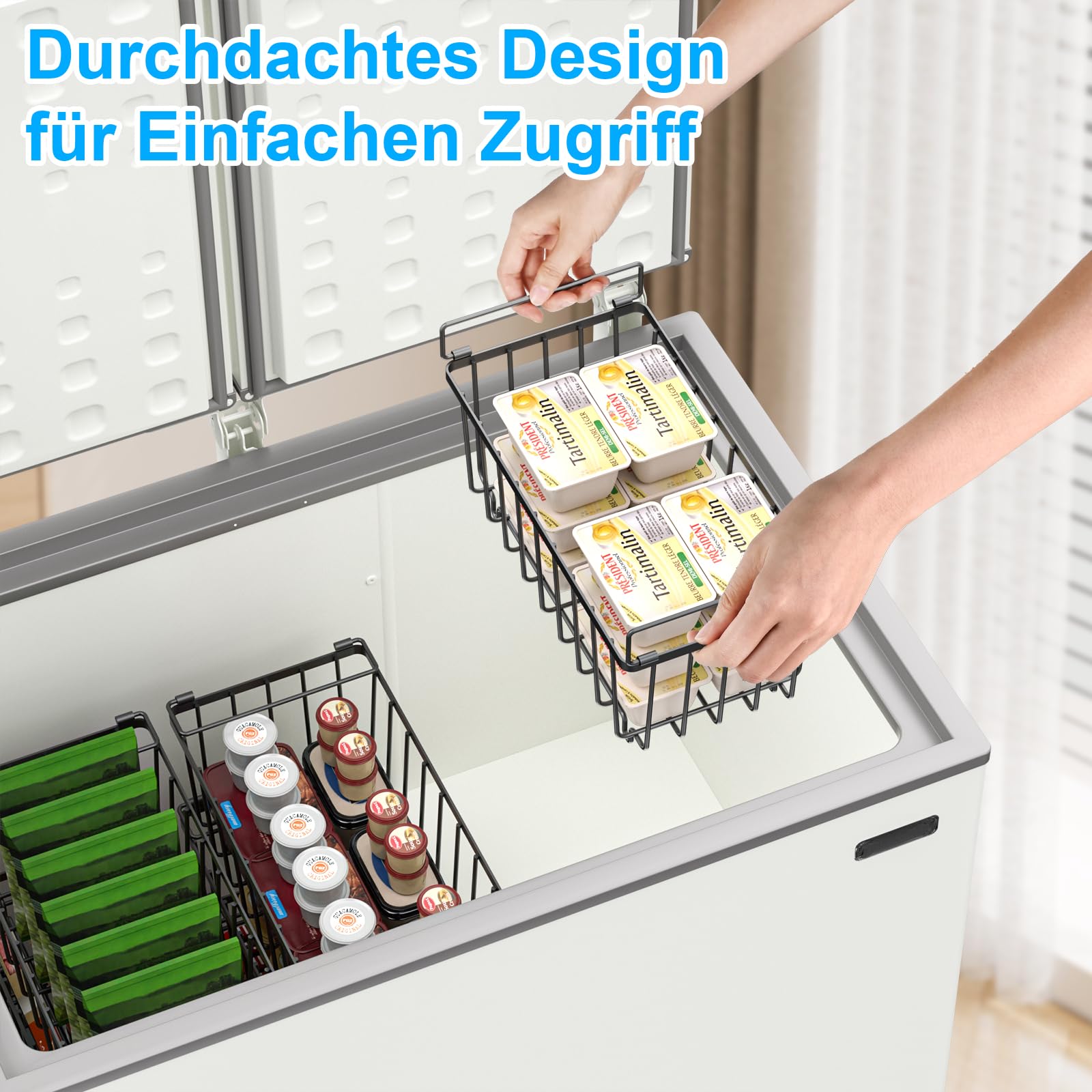 4er Gefrierschrank Organizer Stapelbare Gefrierkörbe aus Metall Gefriertruhe Korbe mit Boden und Griffen Gefriertruhe Ordnungssystem Platzsparend für 215L Truhengefrierschränken(37x18x15cm)