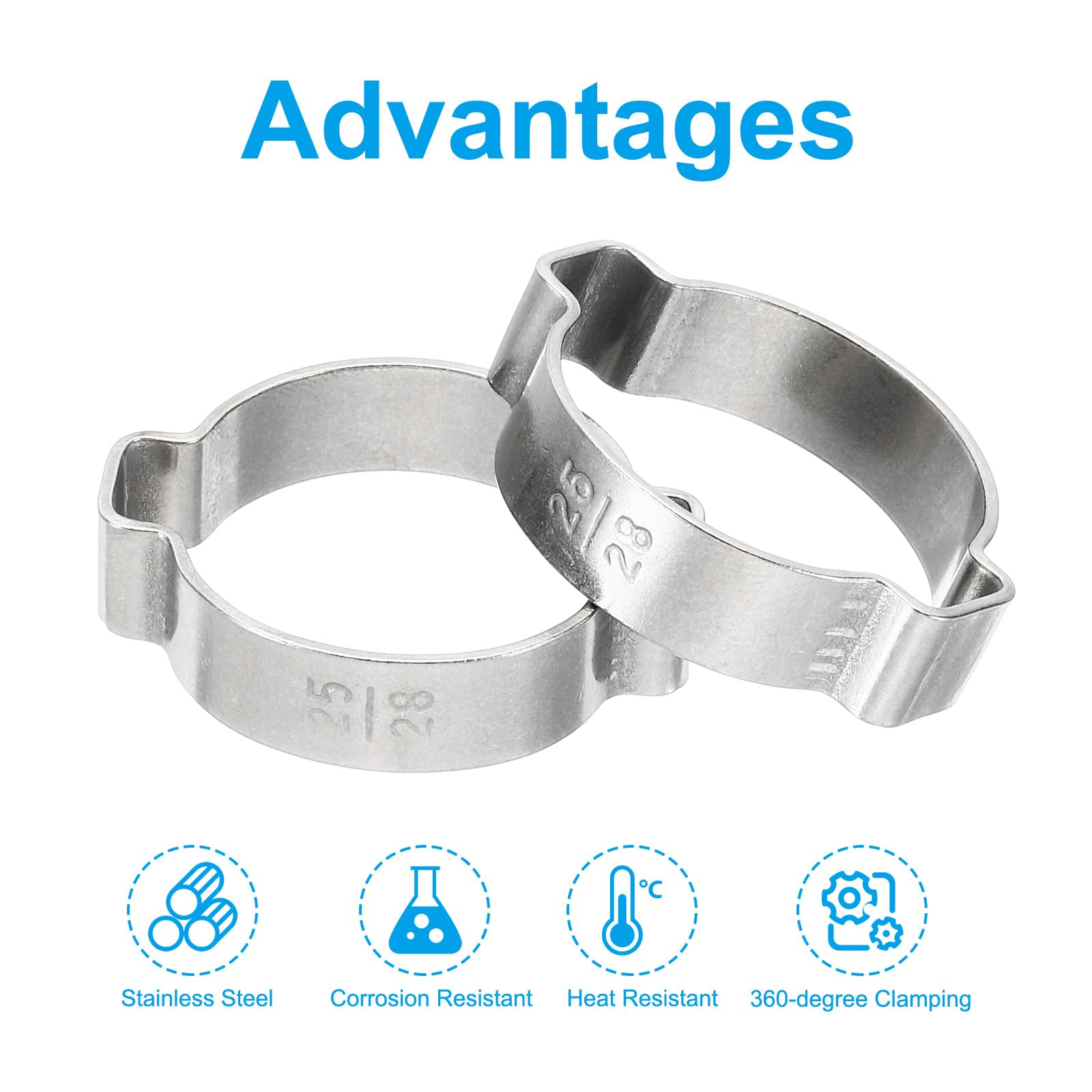 PATIKIL 10 Pack 25-28mm Double Ear Hose Clamp, 304 Stainless Steel O Clip Crimp Rings for Fuel Petrol Pipe Tube Fitting Connections, Silver Tone - Image 4