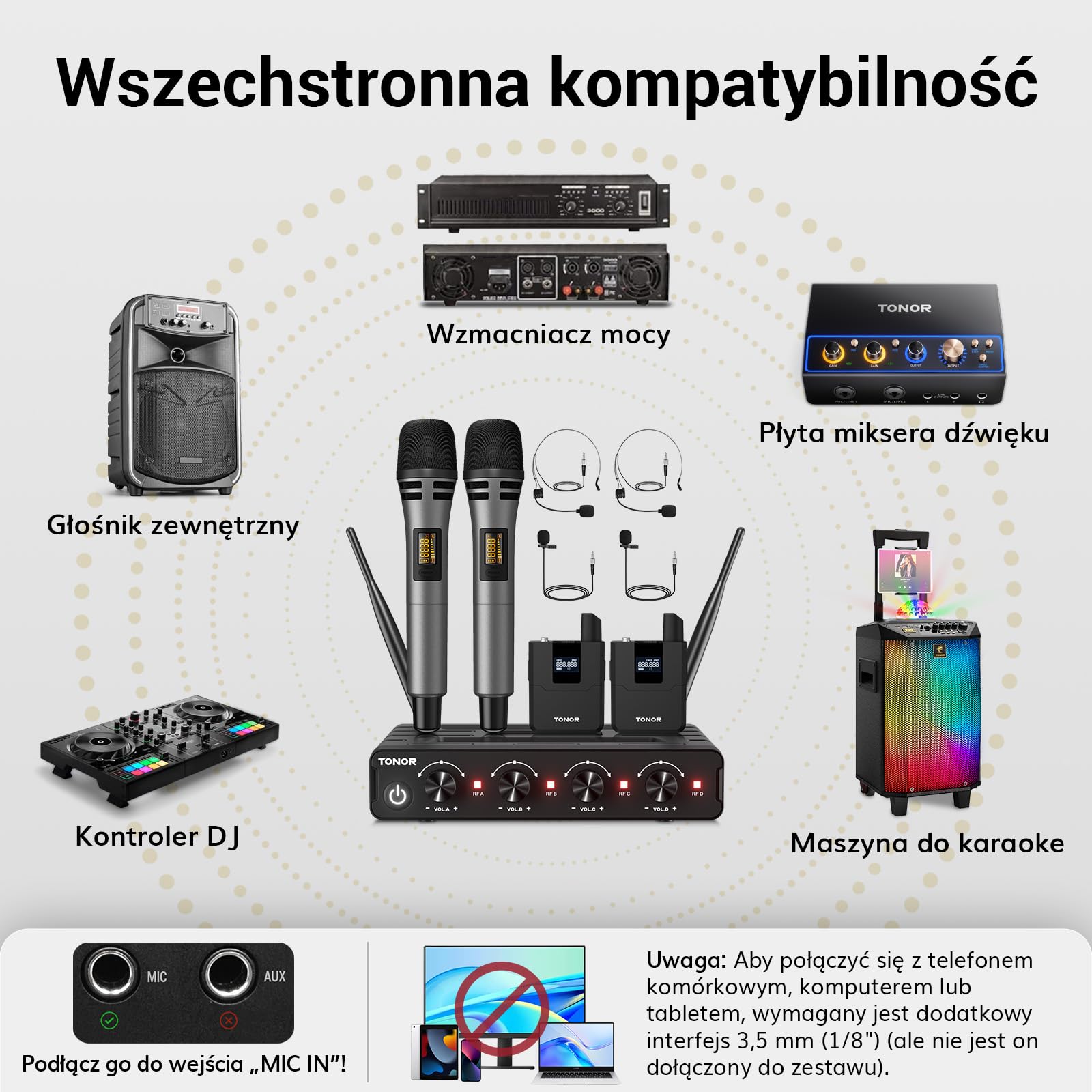 Bezprzewodowy zestaw mikrofonowy TONOR UHF z mikrofonem ręcznym/nadajnikiem typu bodypack/bezprzewodowym mikrofonem typu lavalier, 4 x 5 częstotliwości, zasięg 60 m Karaoke TW362
