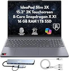 Lenovo IdeaPad Slim 3X Home Student Business Laptop 2025, 38.9 cm 2K (1920x1200) Touchscreen, 8-Core Snapdragon X X1-26-100, 16GB LPDDR5x RAM, 1TB SSD, FPReader, Wi-Fi 7, webcam, Copilot Windows 11