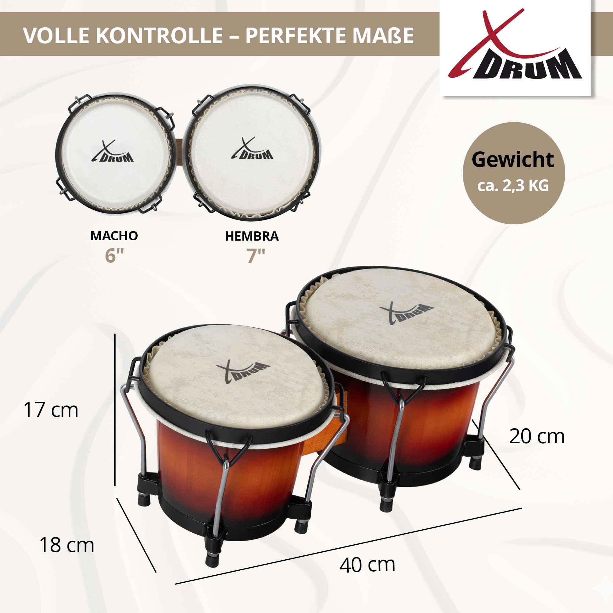 XDrum PERC Bongos Club Burdeos - 2 tambores de 6" y 7" - Bongos con parches naturales afinables y llave de afinación - Tambores de madera Vintage Sunburst