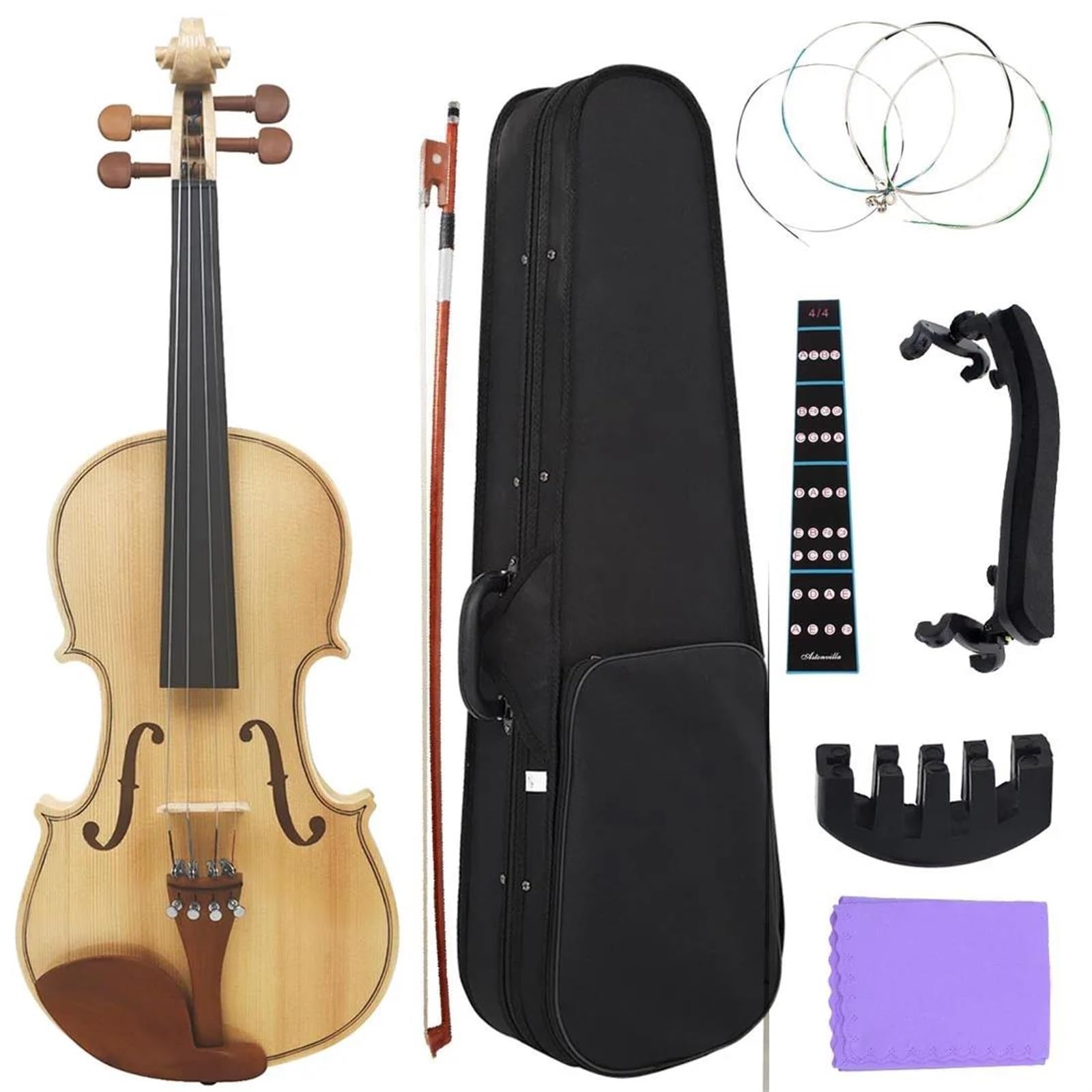 Violino Set 4/4 Violino per principianti Pannello in abete rosso Strumento a corde di violino in acero Violino con custodia Corde per arco Accessori per il resto della spalla
