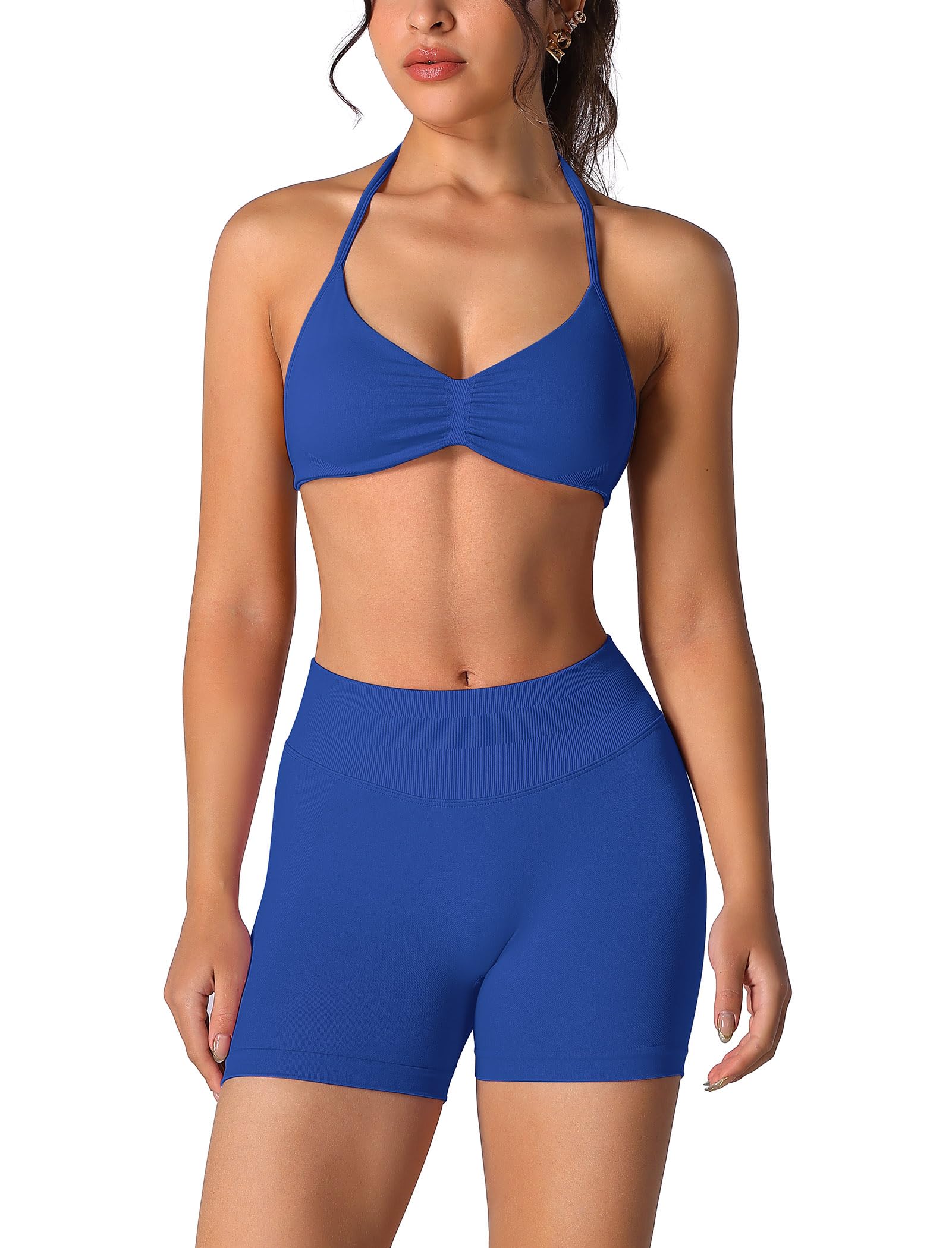 ABOCIW Womens Seamless Workout Sets 2 Piece Strappy Halter Sports Bra Scrunch Butt Shorts Gym Yoga Outfits