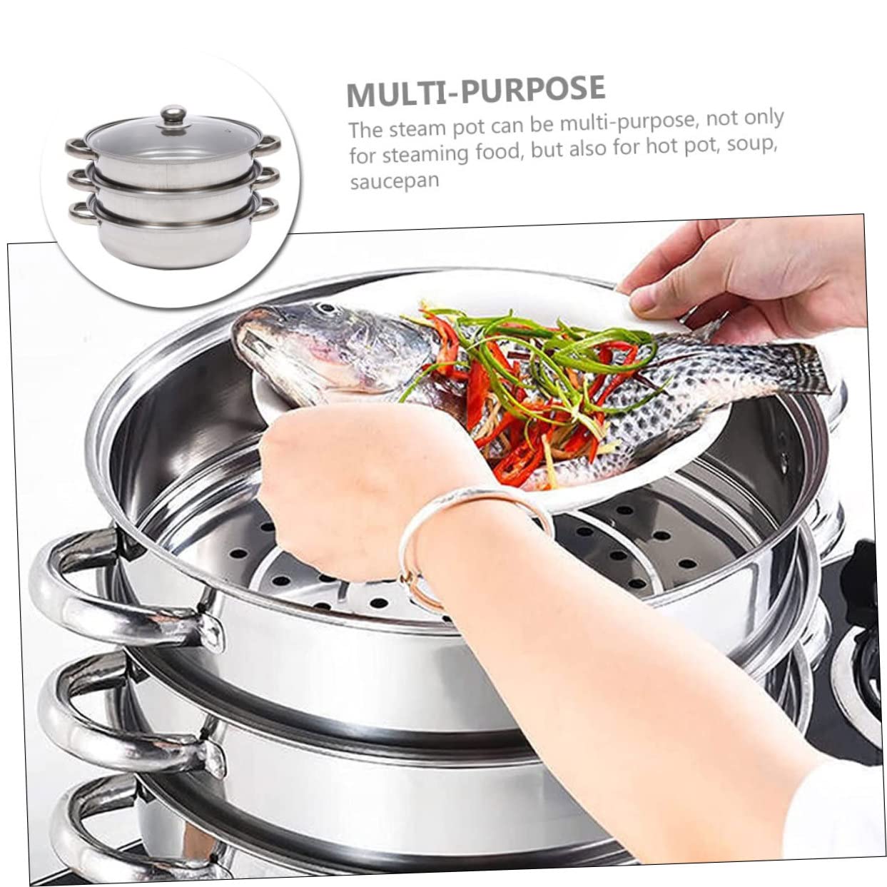 Alipis Olla Vaporera Utensilio de Cocina Multiuso Diseño Multicapa de 28 Cm de Acero Inoxidable y Tapa de Vidrio Adecuado para Cocinar al Vapor Verduras y Panecillos