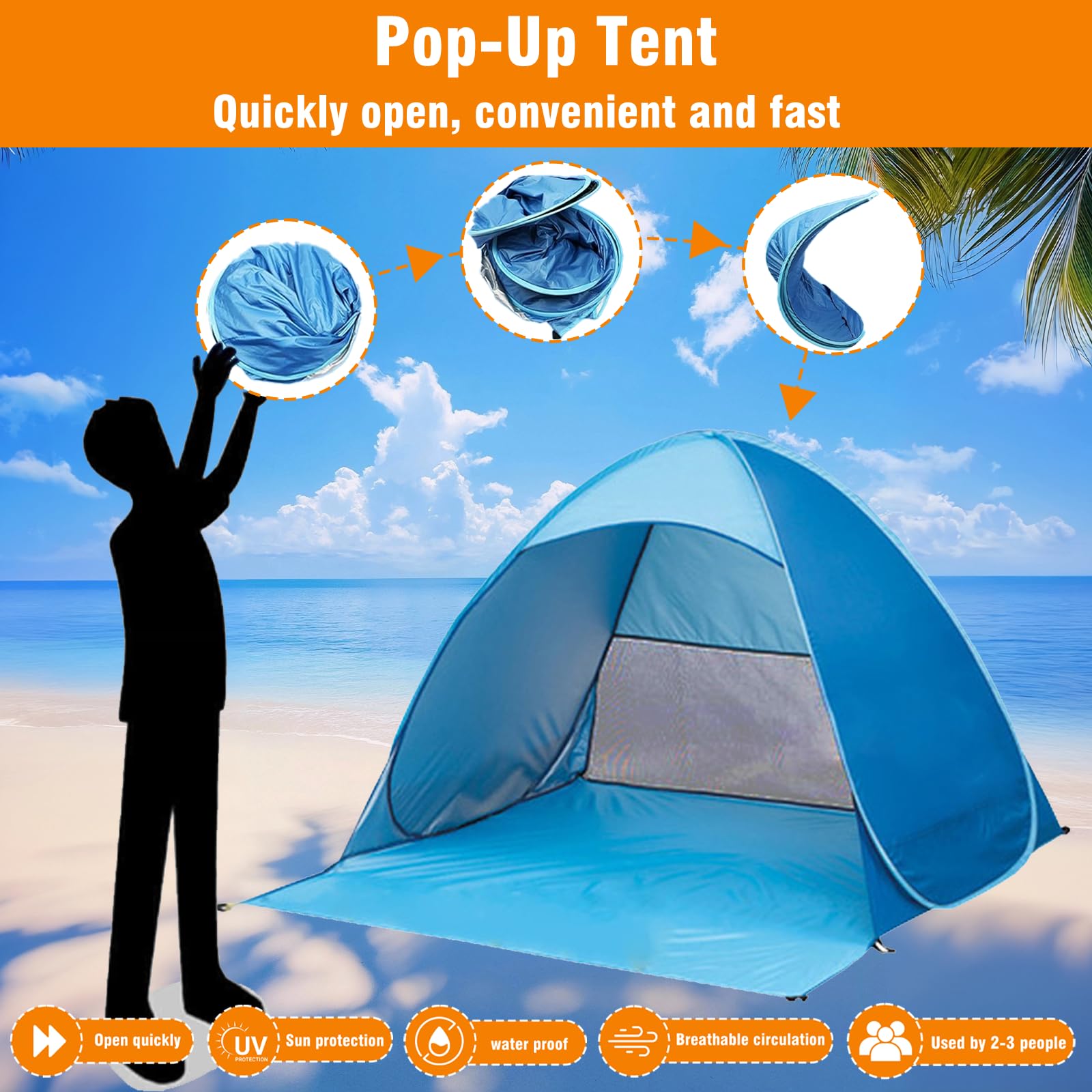 Tenda Campeggio Spiaggia Pop-up con Borsa & Picchetti,Tenda Antivento Protezione Solare per 2-3 Persone,Tenda Mare Portatile & Facile Installare per Esterni Pesca, Vacanza Viaggi, Giardino(Blue)