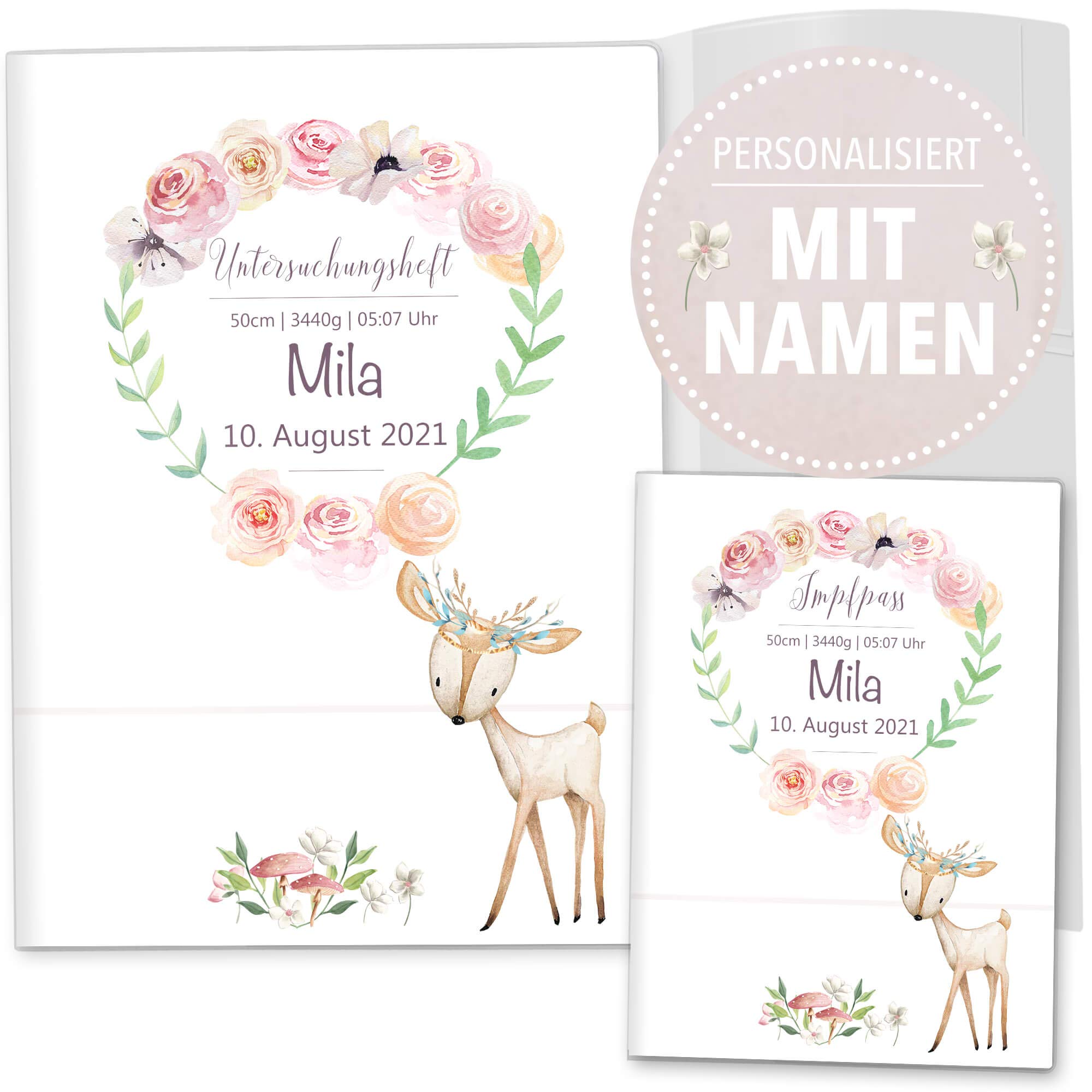 OLGS Personalisierbares U-Heft und Impfpasshüllen 3-teiliges Set Cute Boho Untersuchungsheft Hülle & Impfpasshülle mit Namen und Geburtsdatum (Uhefthüllen personalisiert, Reh)