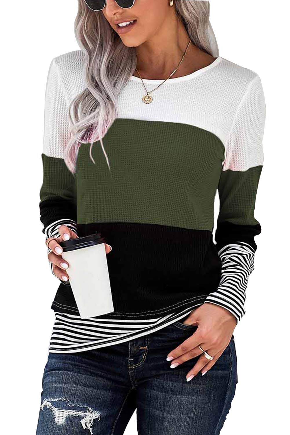GOLDPKFWomen's Long Sleeve T Shirts Color Block Crewneck Casual Tunic Tops Tee Shirtuses