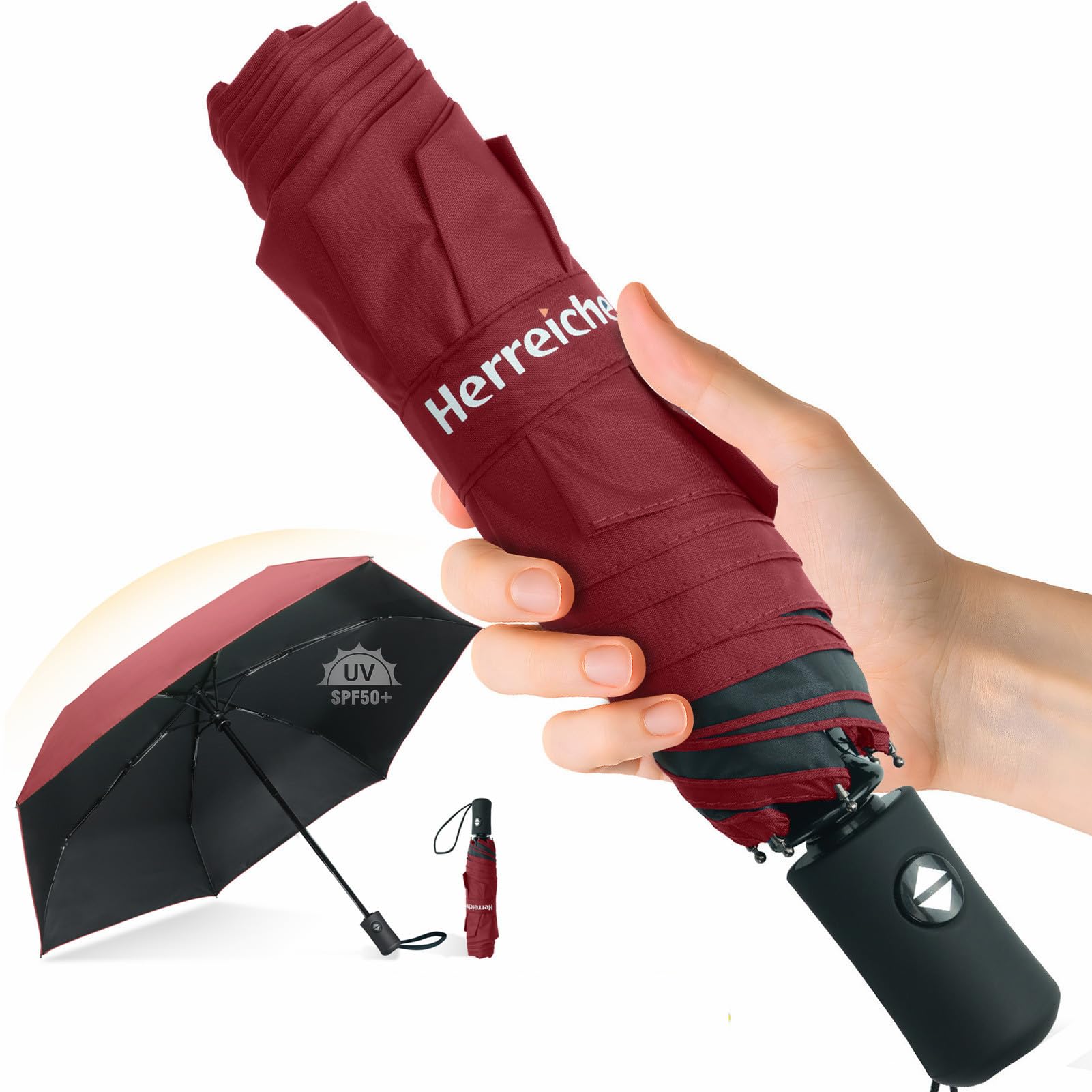Herreicher Leichter UV-Automatikschirm UPF50+ | Kompakter Reise-Taschenschirm (28cm), 98cm Spannweite, 6 Rippen, 210T – Für Erwachsene & Kinder