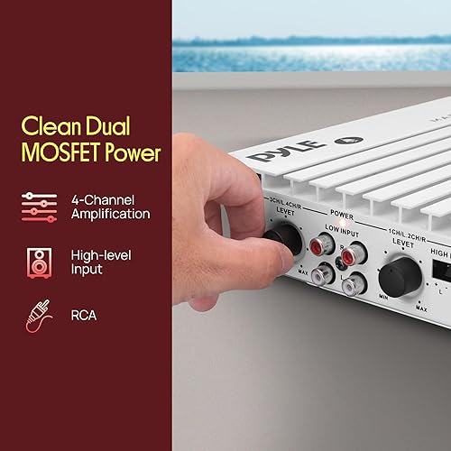 Miniatura 4 de Pyle Hydra Marine Amplificador de 4 canales de 400 W - Impermeable con fuente de alimentación MOSFET dual - Controles de nivel de ganancia - Entrada
