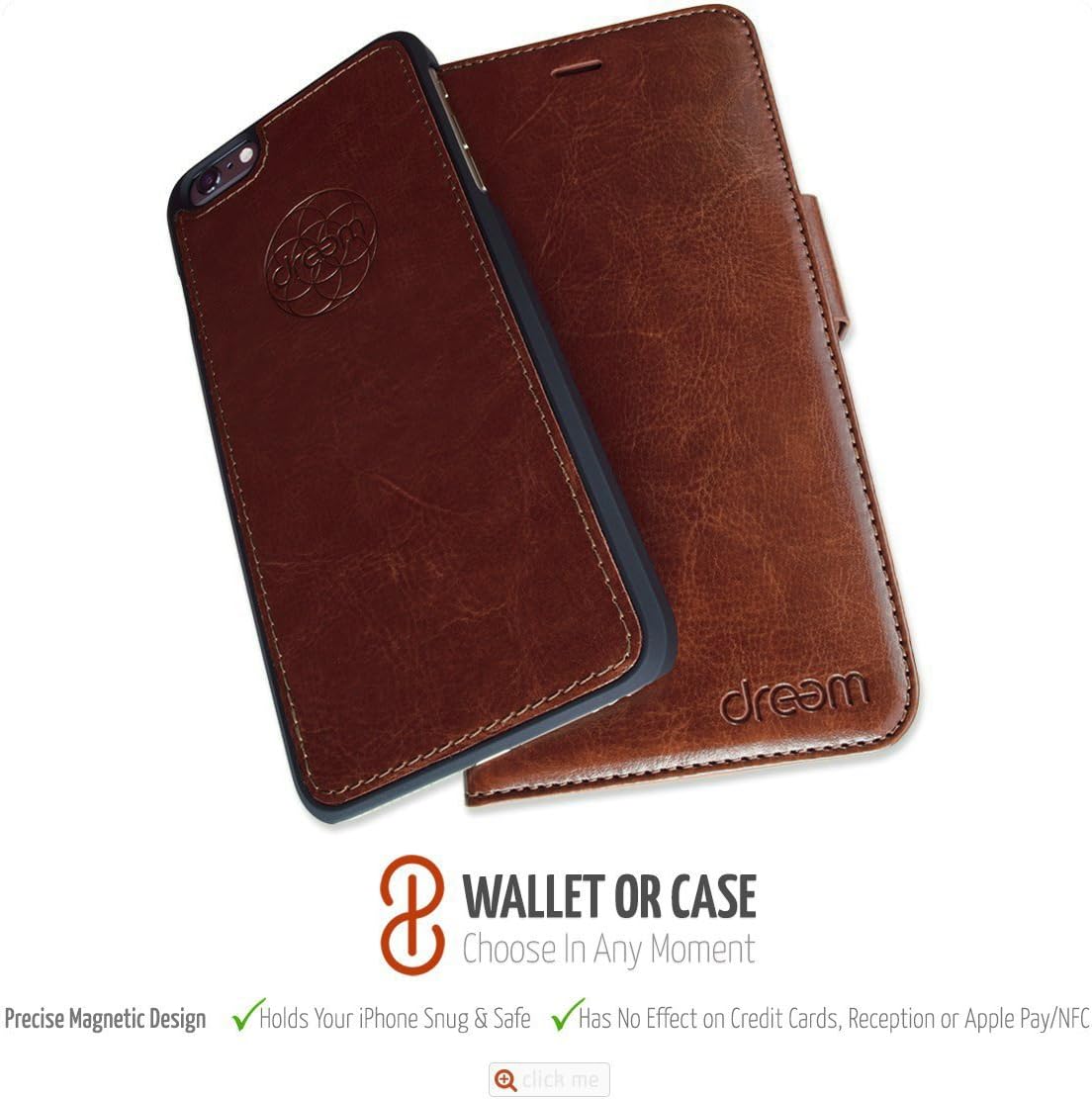Dreem Fibonacci 2-in-1 Wallet-Case for iPhone 8-Plus & 7-Plus, Magnetic Detachable PC Slim-Case, Luxury Vegan Leather, RFID Protection, Smart 2-Way Stand, Gift-Box - Cacao