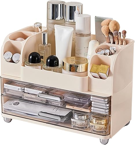 Large Makeup Organizers Countertop for Vanity, Bathroom Make Up Storage with Brush Holder, Cosmetic Display Case with 2 Drawers for
