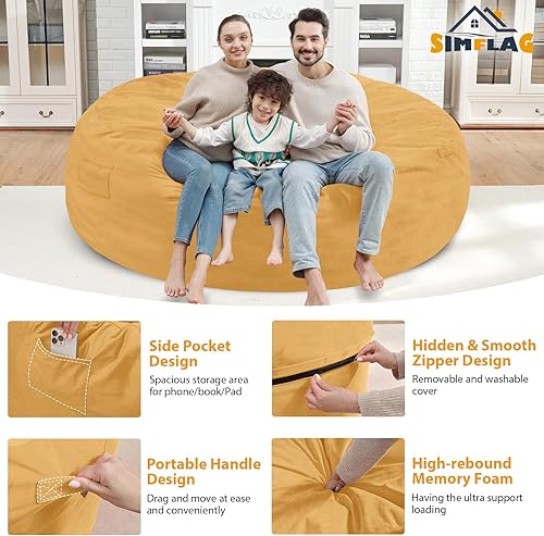 Miniatura 208 de Puf de 5 pies, puf grande con relleno de espuma viscoelástica, sofá puff esponjoso con funda de terciopelo holandés, puf redondo para sala de estar,