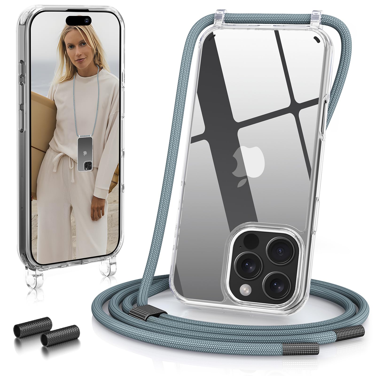 GOODVISH Handykette für iPhone 16 Pro Hülle mit Band (6.3") | Kameraschutz und Bildschirmschutz | | Necklace Handyhülle mit Schnur Schutzhülle für zum Umhängen | Transparent Case mit Kordel, Grün