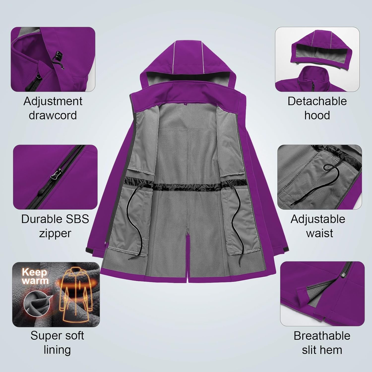 CREATMO US Women's Lightweight Waterproof Long Softshell Tactical Jacket Fleece Lined Windbreaker - Image 5