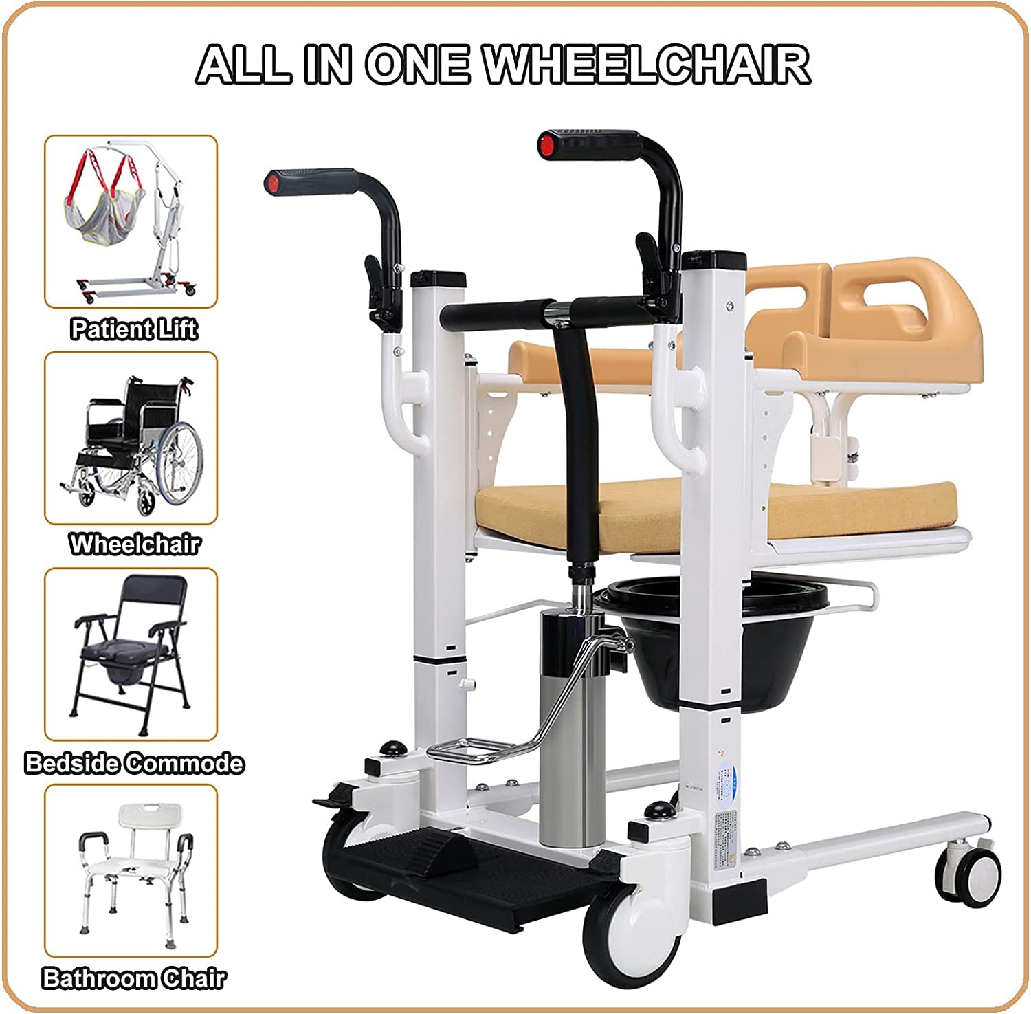 Przenośne krzesło podnoszące pacjenta z dzielonym siedzeniem 180° i funkcją toalety, nośność 131 kg do pomocy w łazience i wspomagania mobilności