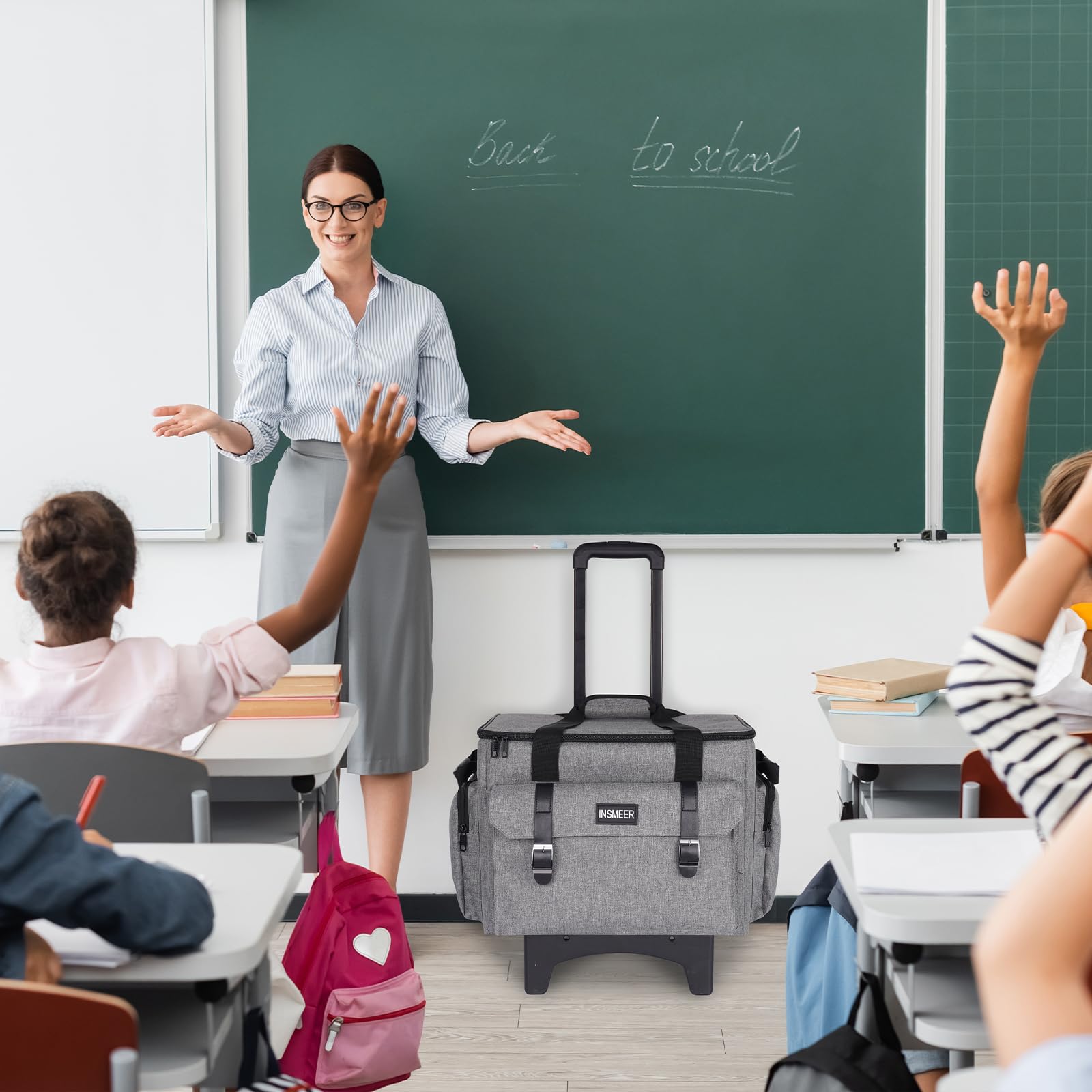 INSMEER Sac à roulettes pour enseignant avec compartiment pour ordinateur portable de 15,6", sac fourre-tout à roulettes pour enseignants avec sac à déjeuner supplémentaire, sac à roulettes 3 en 1
