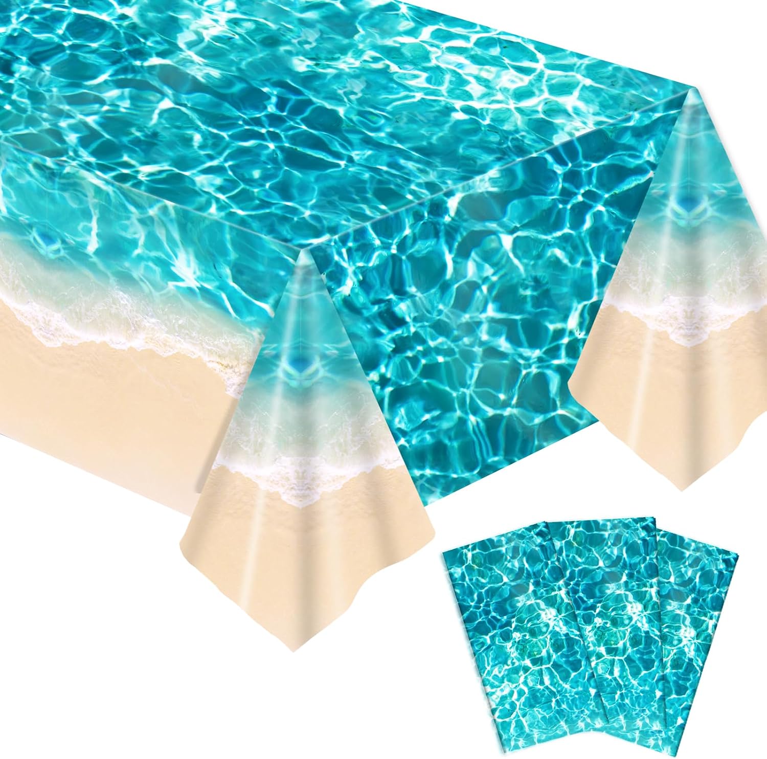 party greeting 3Pcs Beach Party Birthday Decoration Summer Ocean Wave Waterproof Tablecloth Disposable Plastic Water Print Rectangle Tablecover for Pool Baby Shower Hawaiian Party Supplies 108 x 54In