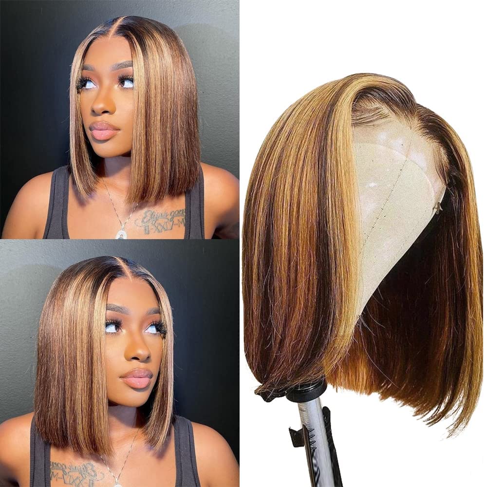 Brown With Honey Blond Highlight Bob Human Hair Lace Front Wigs for Black Women 13x4 Frontal Wigs Human Hair Pre Plucked Glueless Straight Bob Wigs with Baby Hair 150% 14 Inch