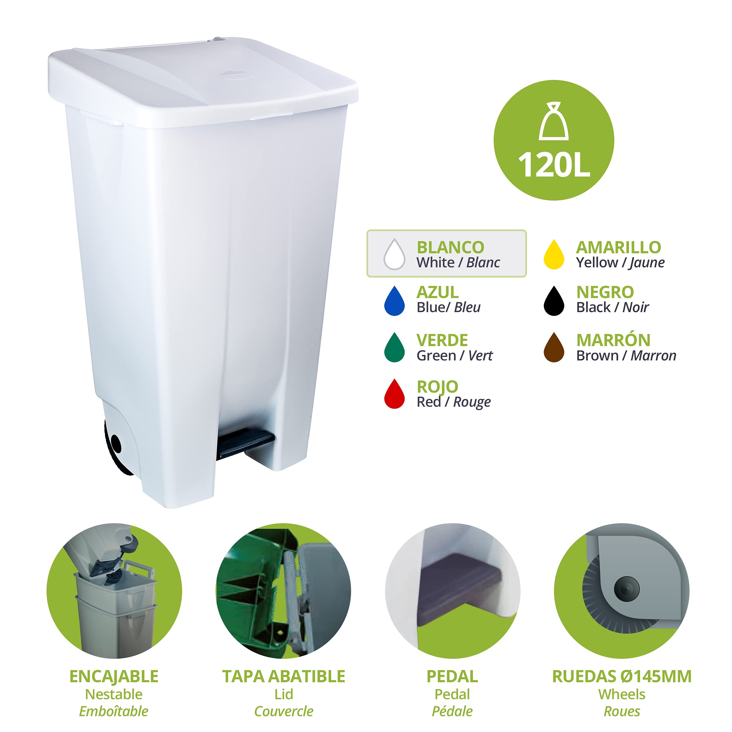 Conteneur sélectif à pédale 120 L Blanc – Poubelle sélective apte au contact alimentaire avec roues et poignée ergonomique, plastique résistant et facile à nettoyer | Denox