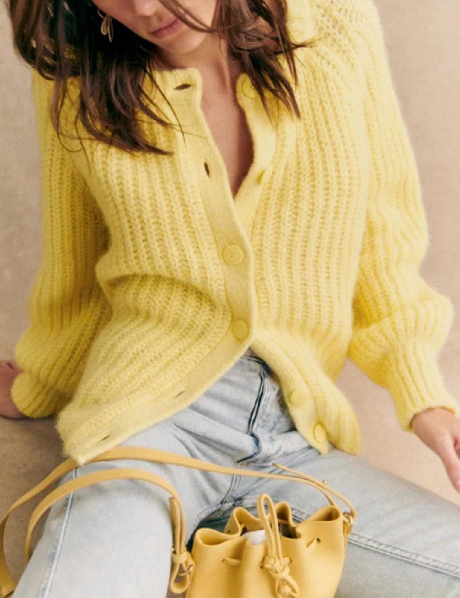 Capispalla in Maglia Cardigan abbottonata Girocollo a Maniche Lunghe Casual da Donna(Yellow,XL)