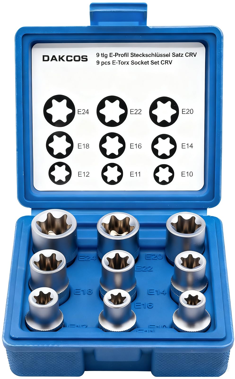 DAKCOS Juego de 9 llaves de vaso E-Torx Vaso de Torx hembra con puntas perfiladas E 1/2" E10, E11, E12, E14, E16, E18, E20, E22, E24, CR-V