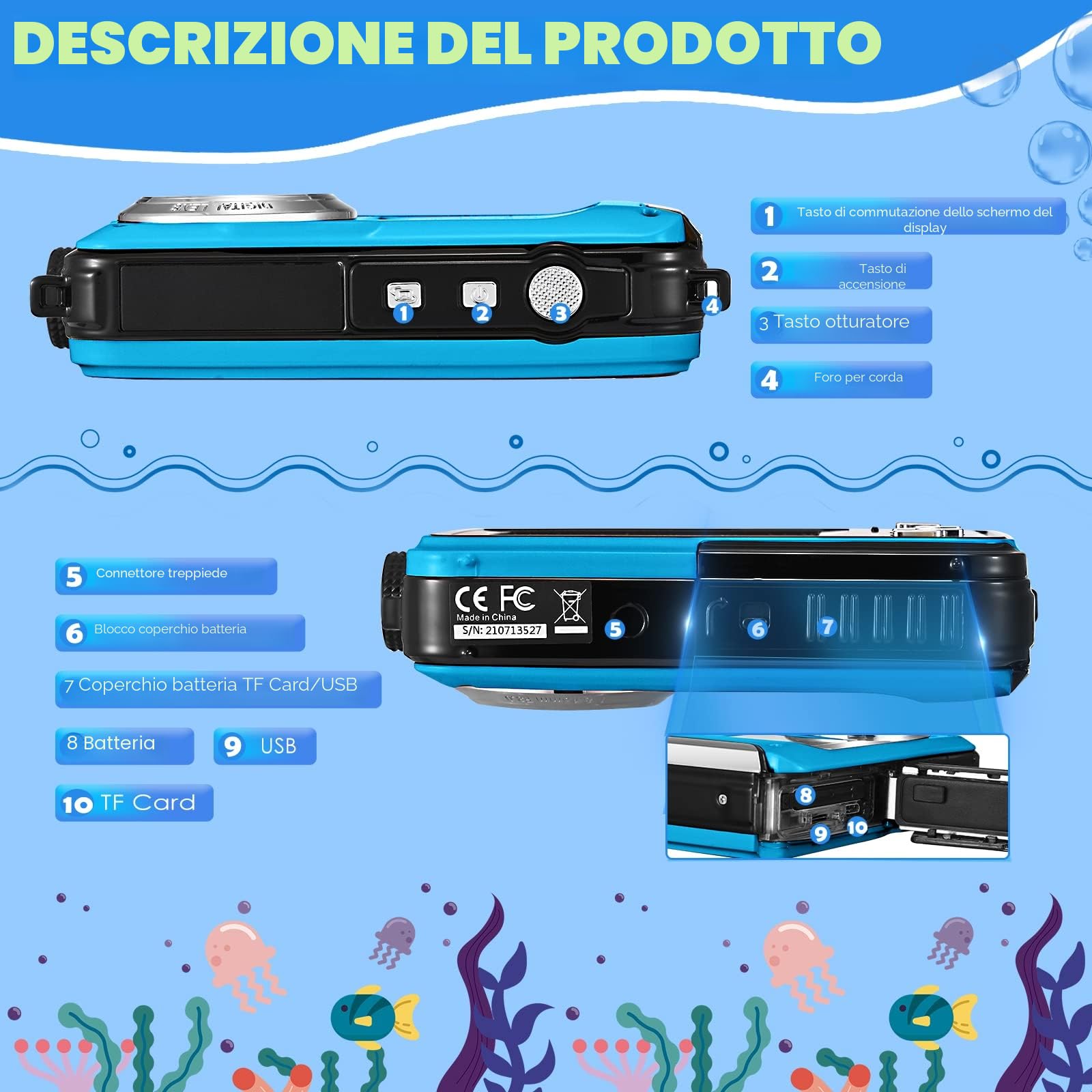 Fotocamera subacquea, Full HD 2.7K 24MP fotocamera digitale impermeabile, fotocamera compatta impermeabile 10FT, zoom digitale 16X, autofocus, fotocamera anti-shake per bambini, adolescenti