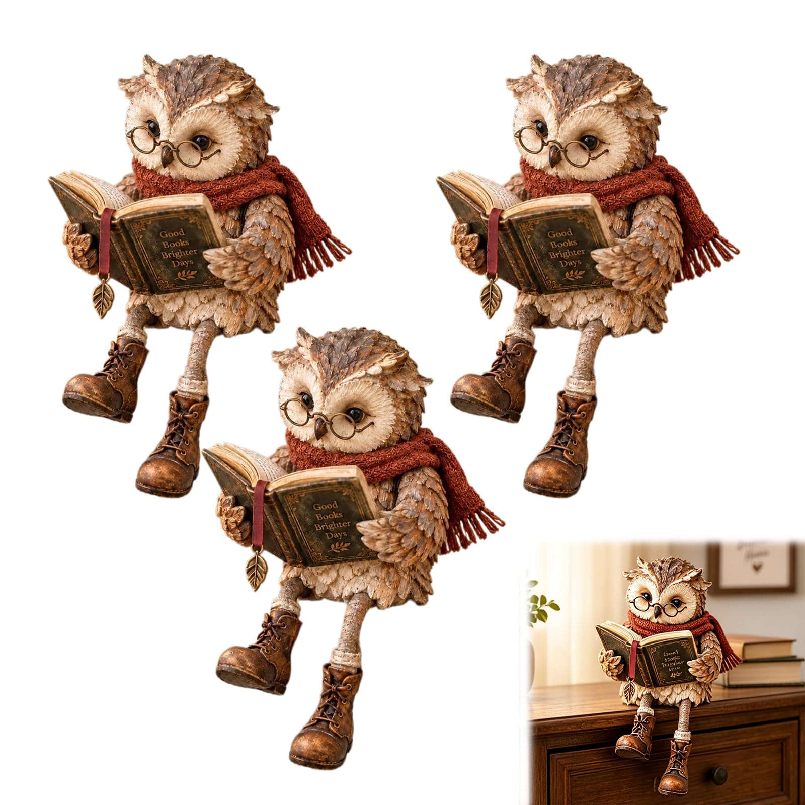 Lesende Eule Figur, Niedliche Eulen Figur Deko mit Brille und baumelnden Beinen, Vintage Bücherregal Dekoration für Bücherliebhaber, Rustikale Regal Deko für Zuhause Büro und Arbeitszimmer，3