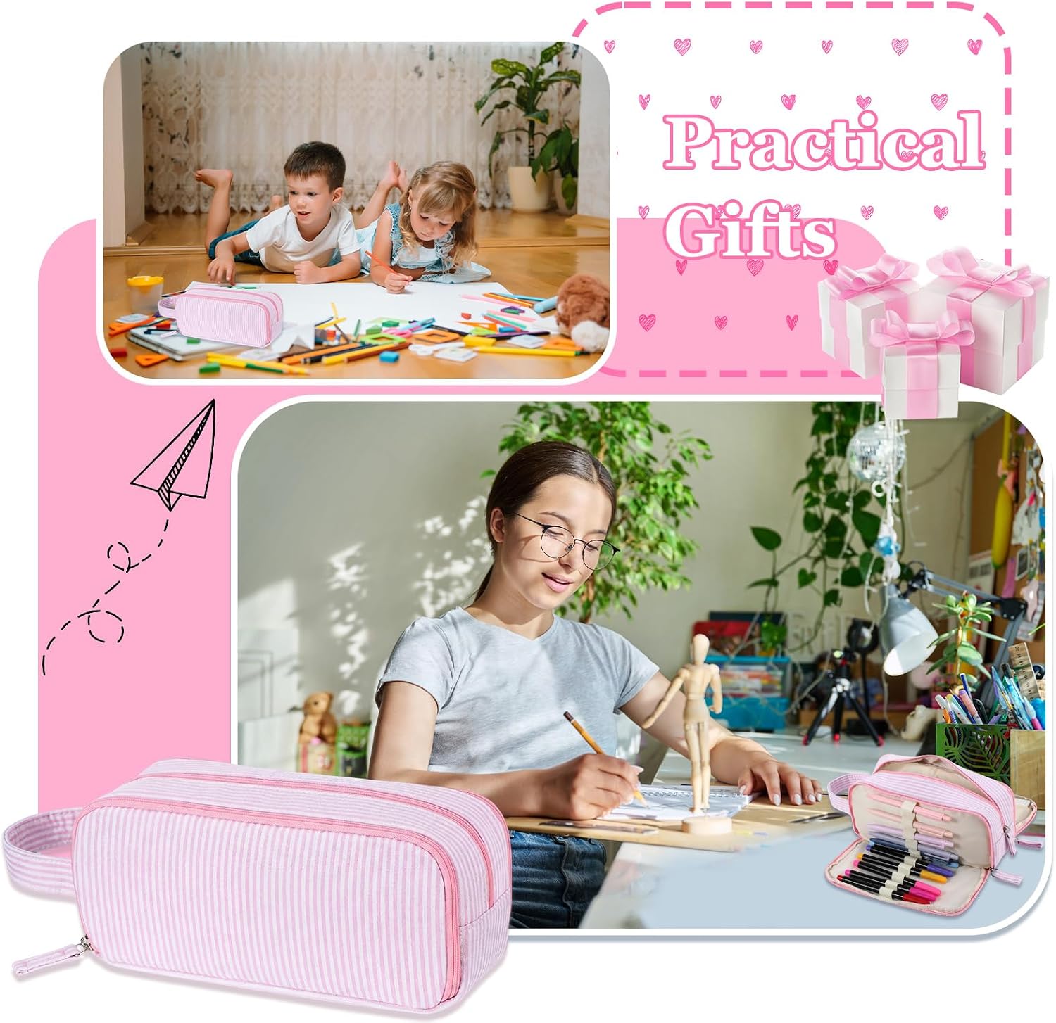 Huhumy Cute Seersucker Pencil Case for Teens Girls Big Capacity Pen Pouch, Study Supplies Pencil Box with 3 Compartments, Multiple Pockets, Sturdy Zipper, Cute Pen Bag Organizer for College(Pink)