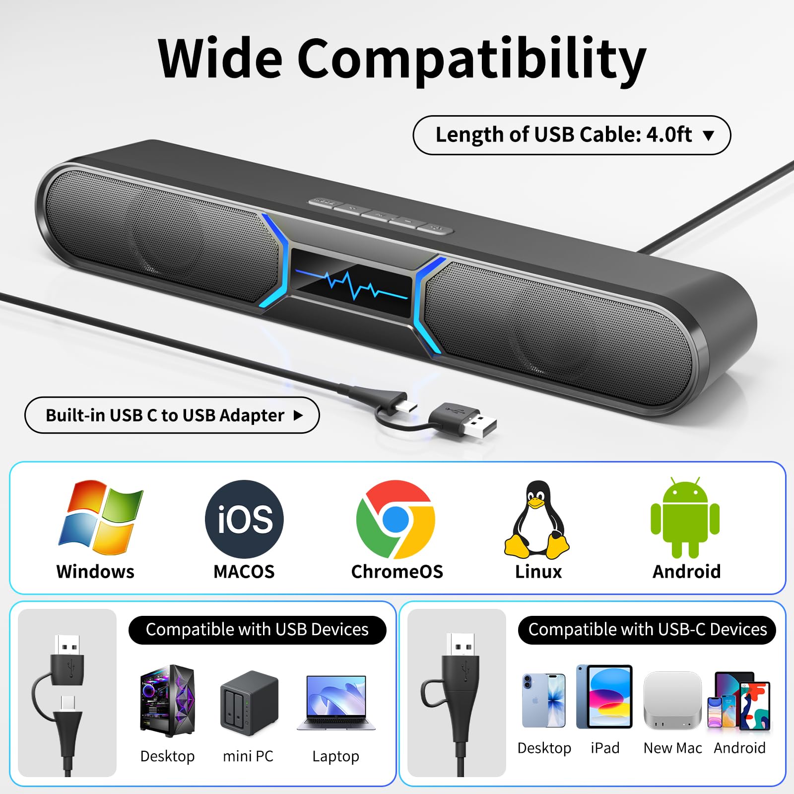 Altoparlanti per computer per PC desktop, soundbar Bluetooth per PC con doppio bass reflex per monitor, altoparlanti da gioco RGB alimentati tramite USB con ingresso cablato, suono stereo per laptop