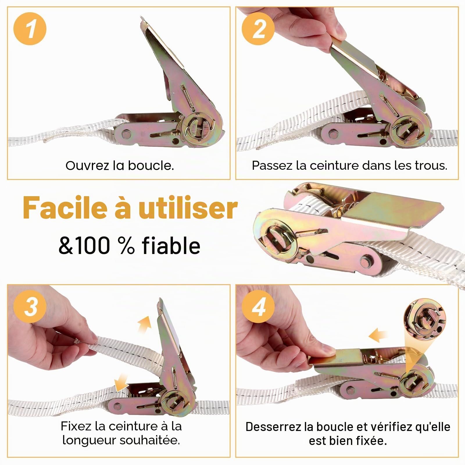 Lot de 10 sangles de serrage à cliquet, 6 m 25 mm, sangle de serrage en polyester, force de traction 800 kg, sangle de serrage blanche