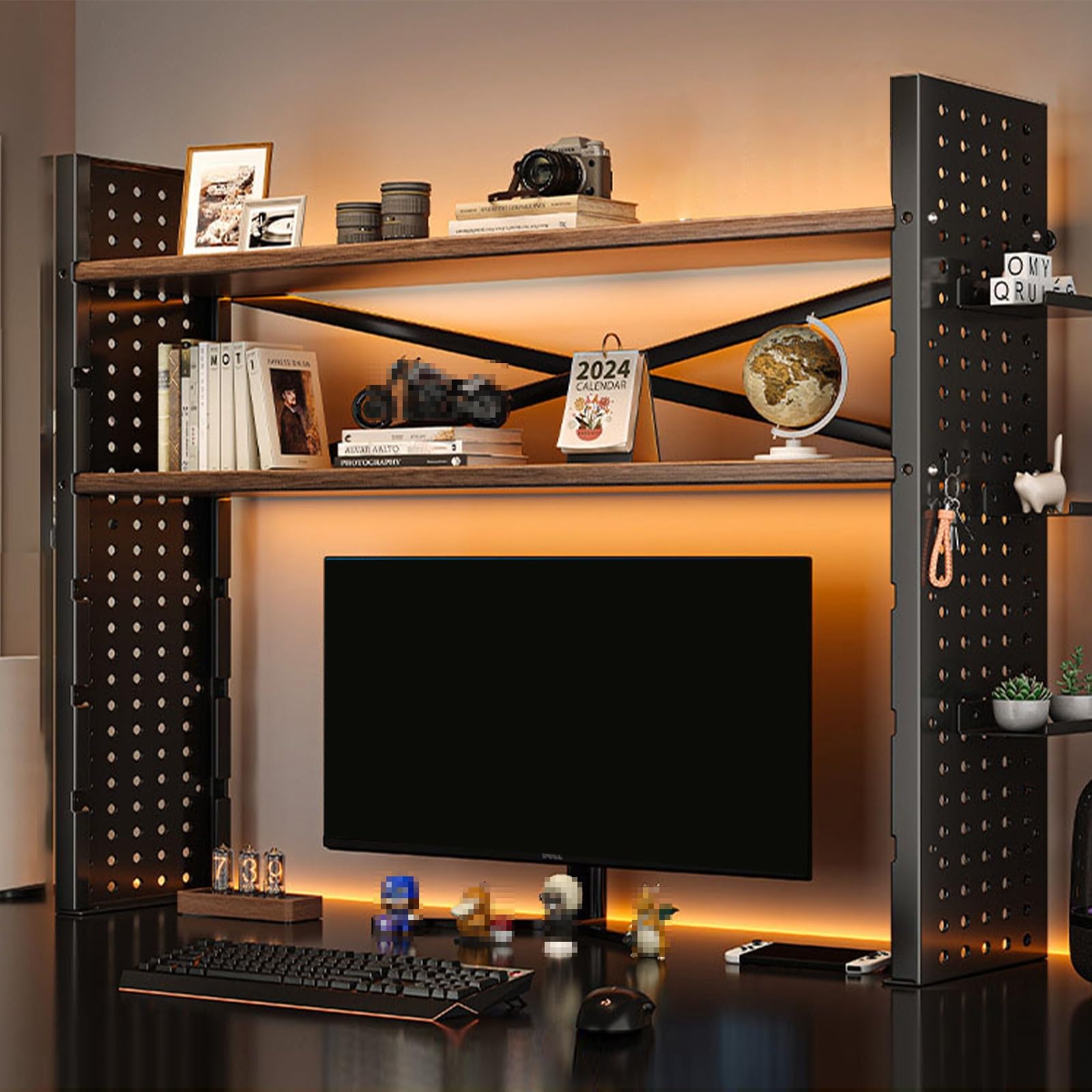 Schreibtisch Aufsatzregal Verstellbares Laminiertes 1.5cm Dickes Umweltfreundliches Holz-Desktop-Aufbewahrungsregal Mit Stahl-Holz-Struktur(Schwarz Weiß)(Black,100 * 20 * 82)