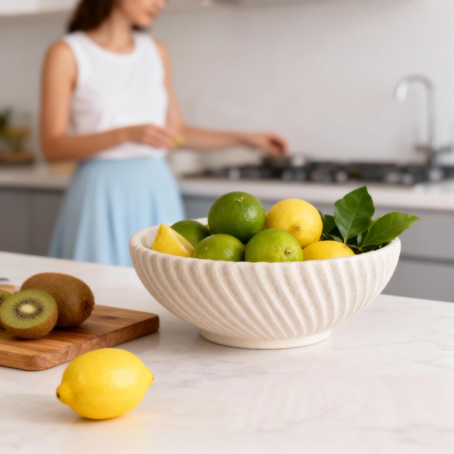 DOVDOV Beige Beveled Edge Decorative Bowl, Large Modern Fruit Bowl, Home Decor Bowl Suitable for Kitchen Countertops, Coffee Tables, or Entryway Tables, Minimalist Key-shaped Centerpiece Fruit Bowl.