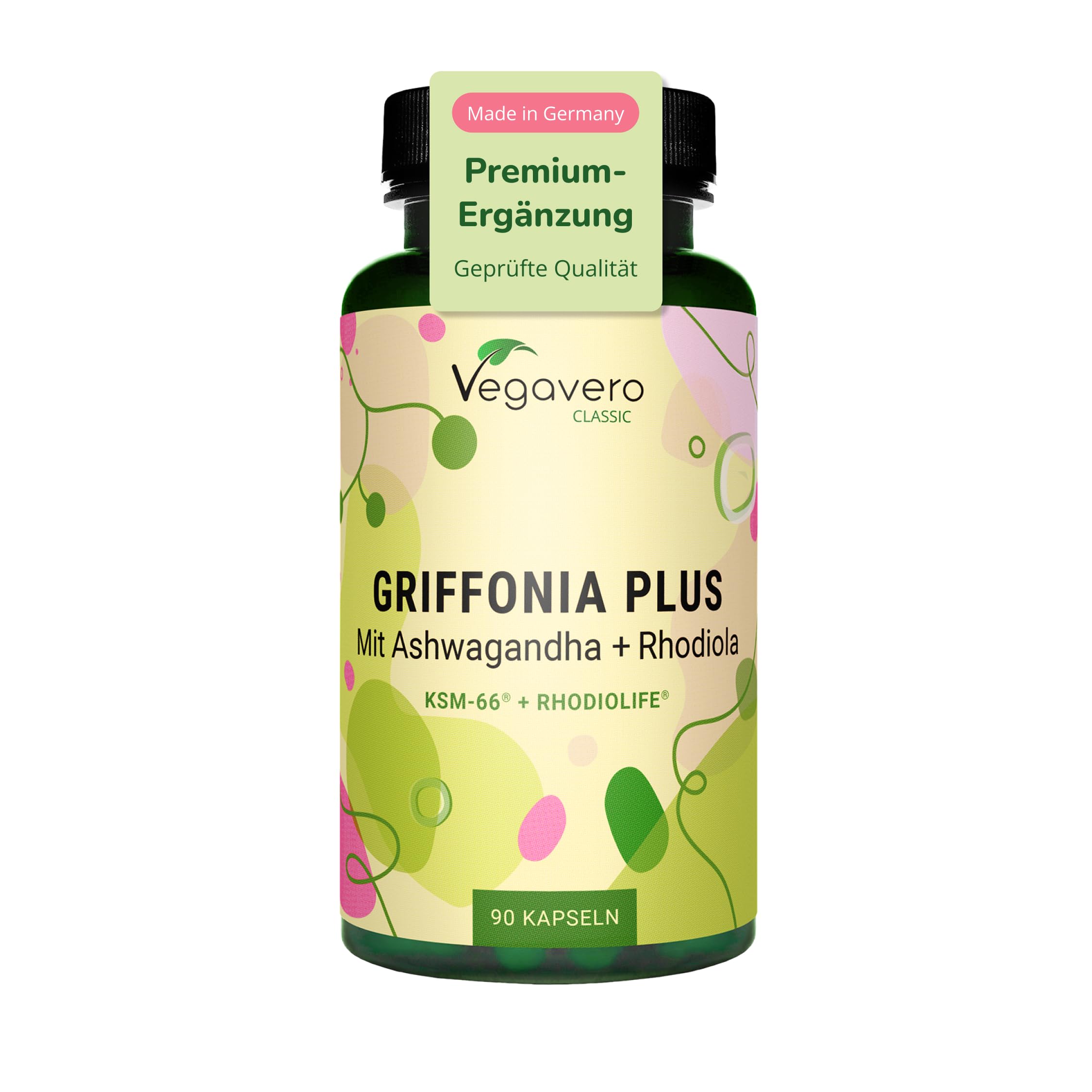 Vegavero 5-HTP Kapseln | aus Griffonia | Mit Ashwagandha KSM-66 und Rhodiola Rosea Rhodiolife | Adaptogene Komplex | Laborgeprüft | Ohne Zusatzstoffe | Deutsche Produktion