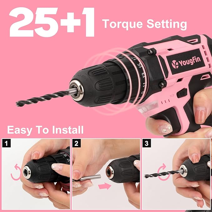 Taladro Atornillador Inalámbrico Yougfin 20V Rosa, 25+1 Torque, Luz LED miniatura 4